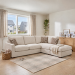 Hope Corner Sofa with Footstool - Corner Group with Stool Chaise Right Grade B - Right Hand Facing — Standard Back / Lassie Linen/Wisp Gold/Larry Latte / Dark Brown Feet, gallery image 1