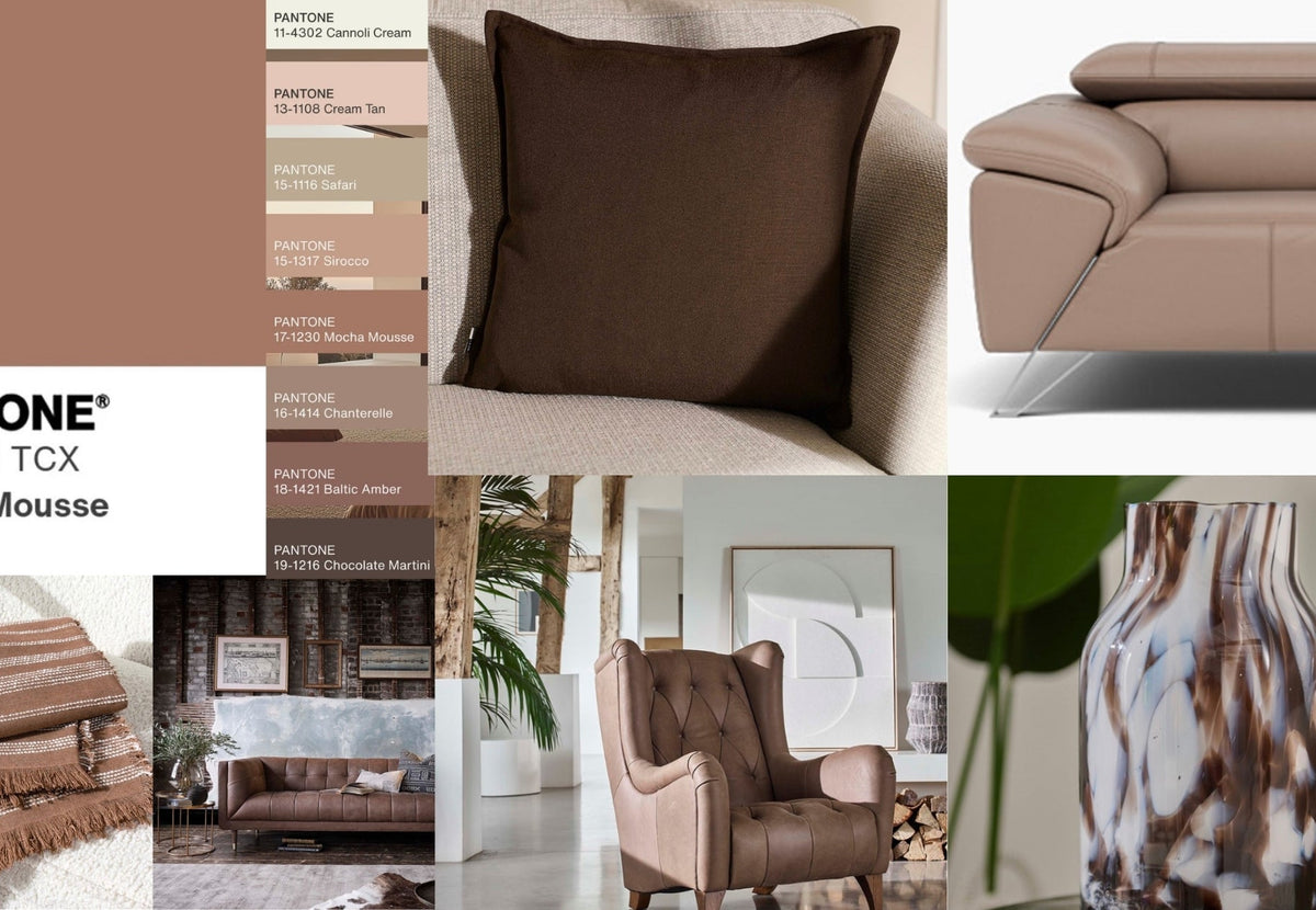 a collage of soft browns, nudes and chocolate coloured home interiors 