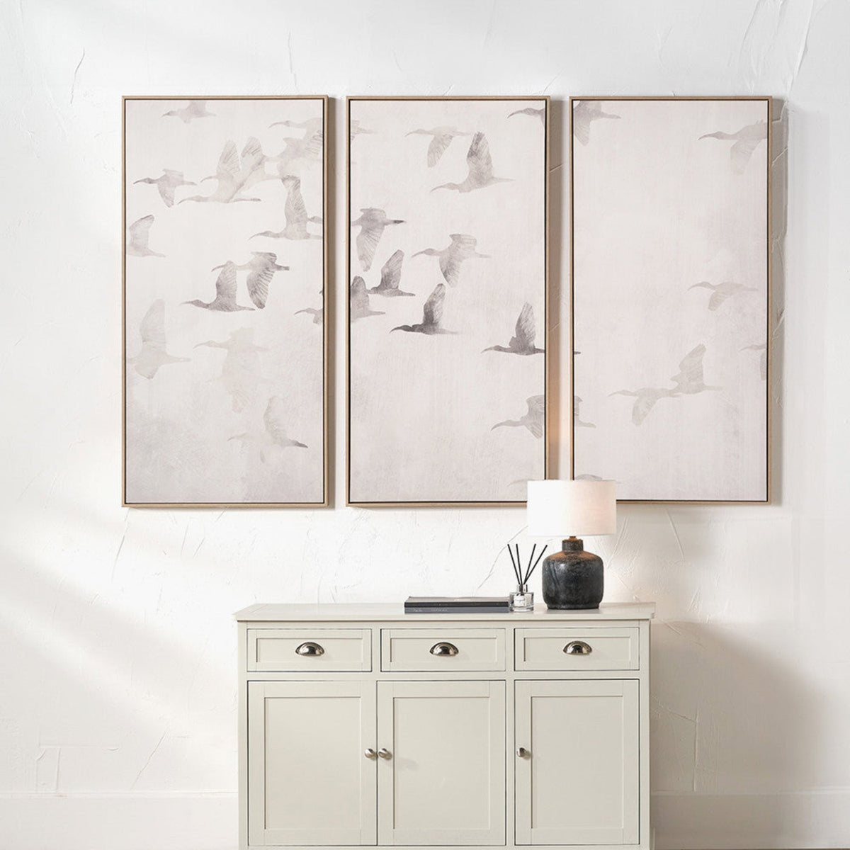 Set Of 3 Natural and White Birds Canvases - S/3 Natural and White Birds Canvases 60x120CM Sterling Home 1