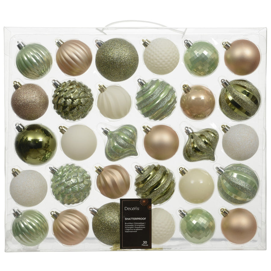 Light Green Assorted Shatter Proof Baubles 30 Pack - S Nordic Noel S/Proof Baubles 30 Pack 7CM Sterling Home 1
