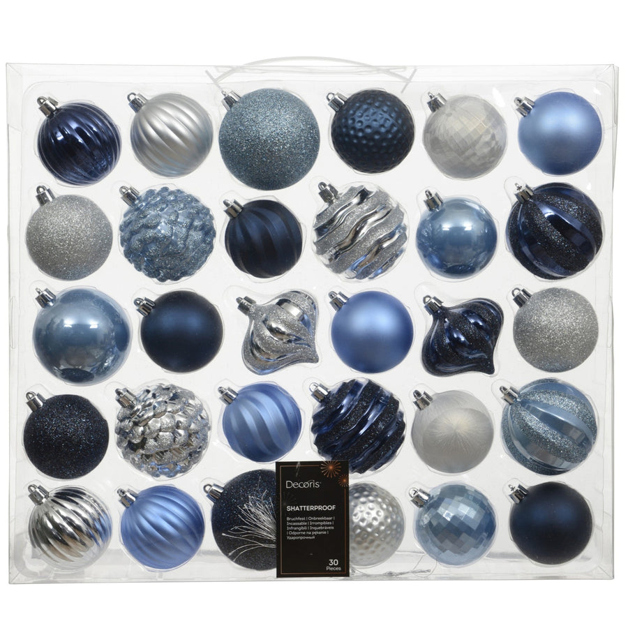 Blue Assorted Shatter Proof Baubles 30 Pack - L Moonlit Lock S/Proof Baubles 30 Pack 7CM Sterling Home 1