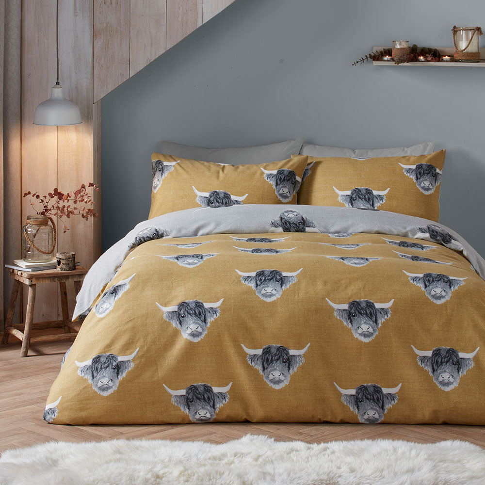 Highland Cow Brown Duvet Cover Set - Highland Cow Cotton Rich Duvet Set Ochre - Double Accessories Sterling Home 1