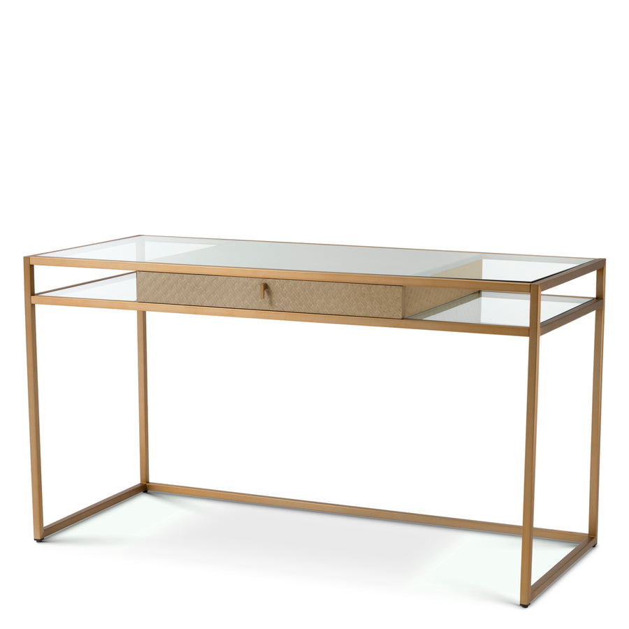 Eichholtz Napa Valley Desk Woven Washed Oak Veneer Brushed Brass Finish Clear Glass - Desk Woven Washed Oak Veneer Brushed Brass Finish Clear Glass Tables Sterling Home 1