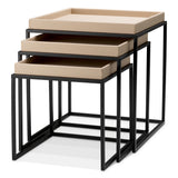 Eichholtz Leonard Set Of 3 Side Tables Matte Black Finish Light Brown Faux Leather