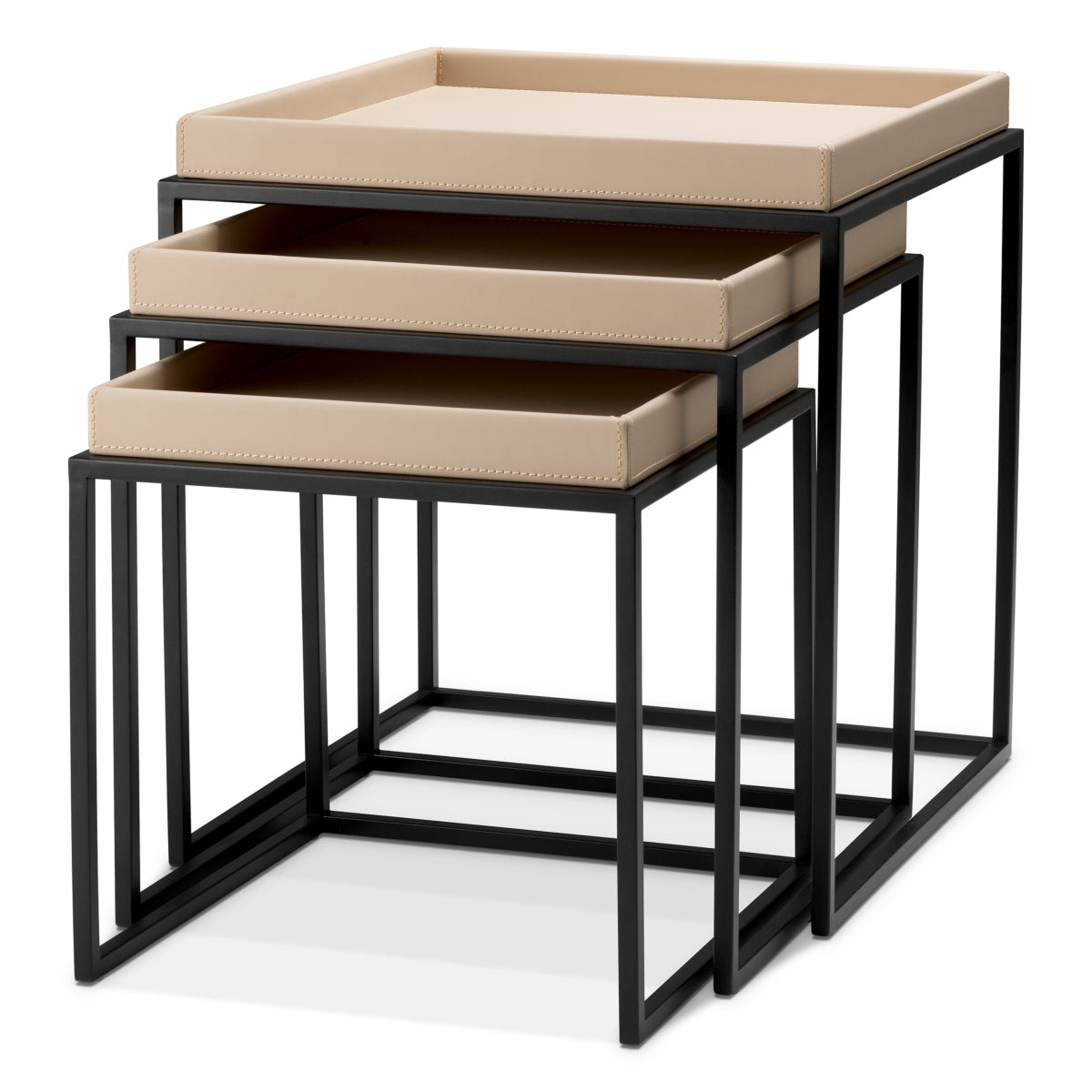 Eichholtz Leonard Set Of 3 Side Tables Matte Black Finish Light Brown Faux Leather - Side Tables Set of 3 Matte Black Finish Light Brown Faux Leather Side Tables Sterling Home 1