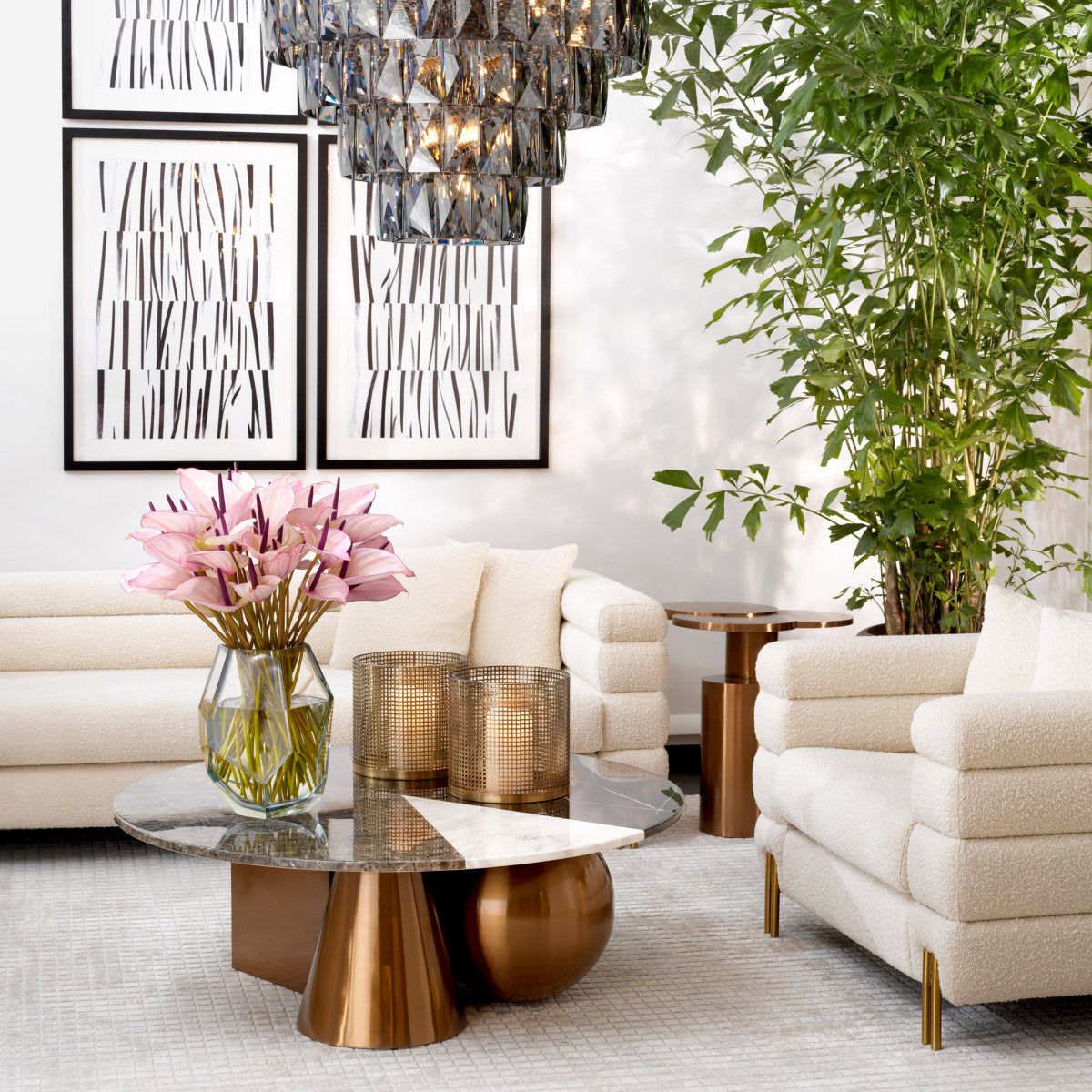 Eichholtz York 3 Seater Sofa Boucle Cream With Brushed Brass Legs - 3 Seater Sofa Boucle Cream 3 Seater Sofas Sterling Home 2