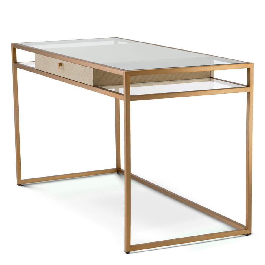 Eichholtz Napa Valley Desk Woven Washed Oak Veneer Brushed Brass Finish Clear Glass - Desk Woven Washed Oak Veneer Brushed Brass Finish Clear Glass Tables Sterling Home 2