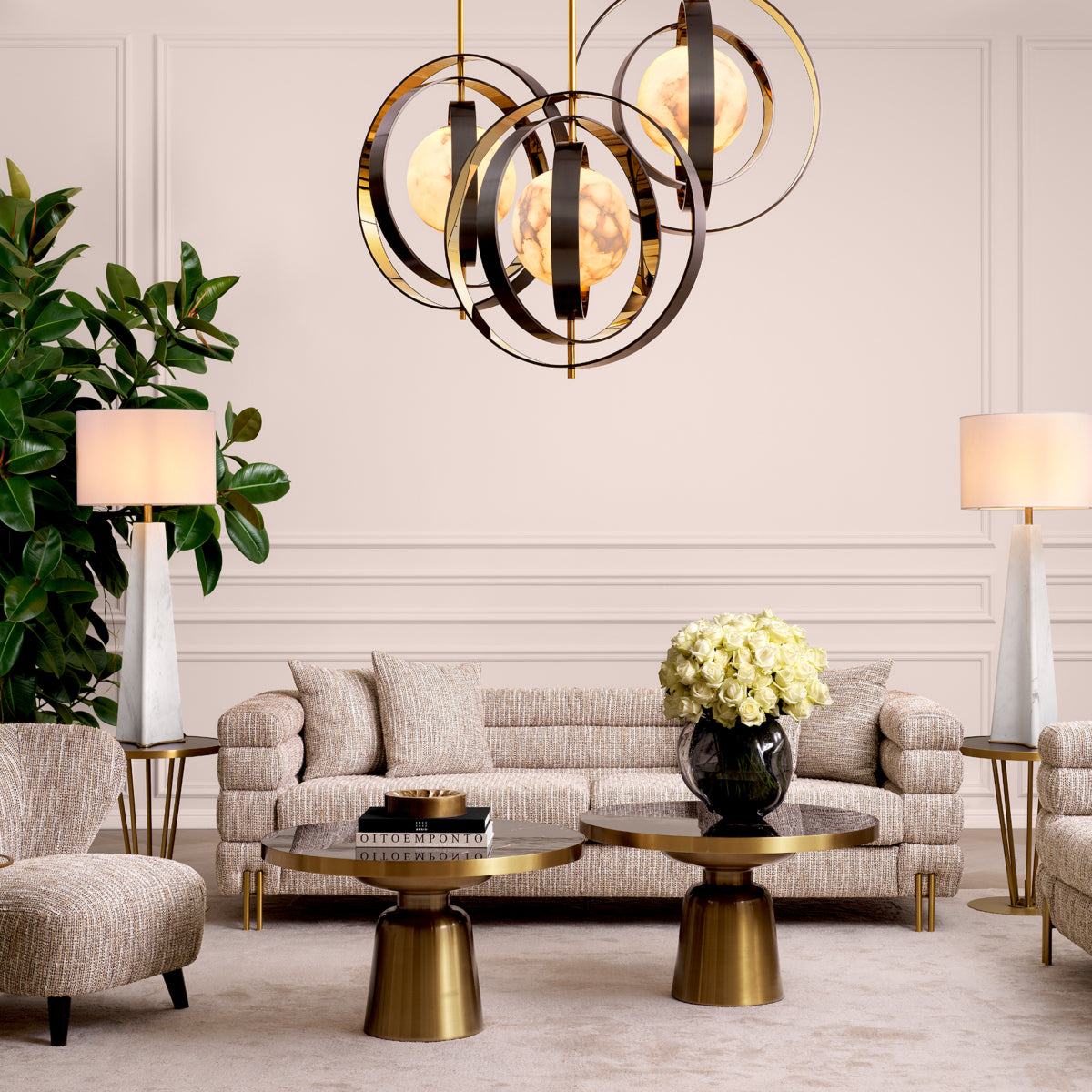 Eichholtz York 3 Seater Sofa Mademoiselle Beige Brushed Brass Legs - 3 Seater Sofa Mademoiselle Beige 3 Seater Sofas Sterling Home 2