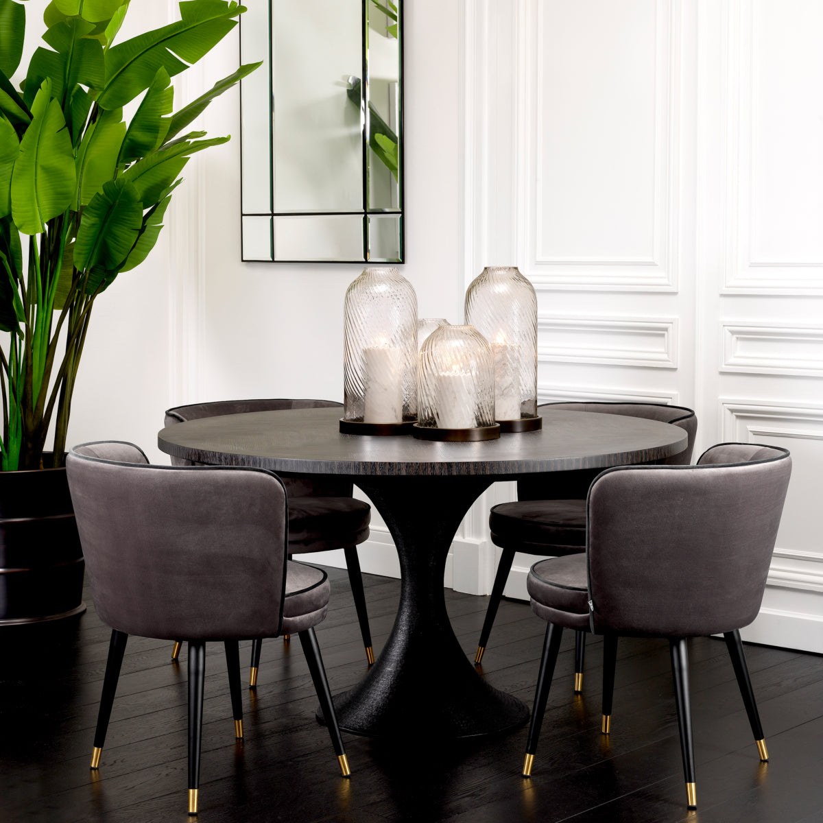 Eichholtz Melchior Round Dining Table Charcoal Oak Veneer / Bronze Finish - Round Dining Table Charcoal Oak Veneer / Bronze Finish Dining Tables Sterling Home 2