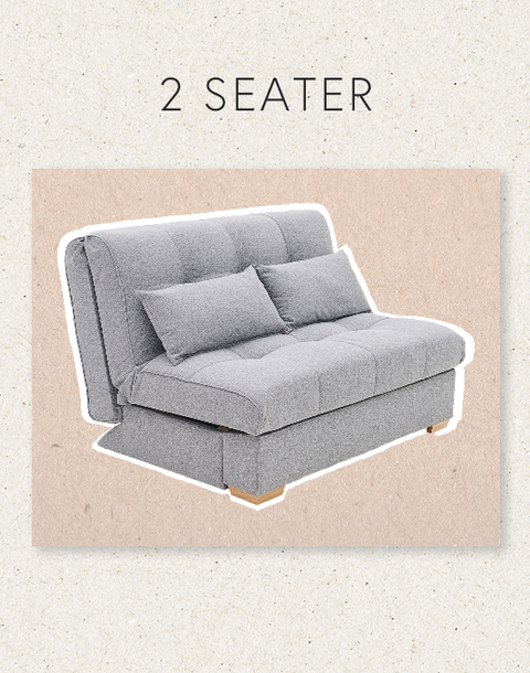 Grey two-seater sofa bed with '2 Seater' text on a beige background.