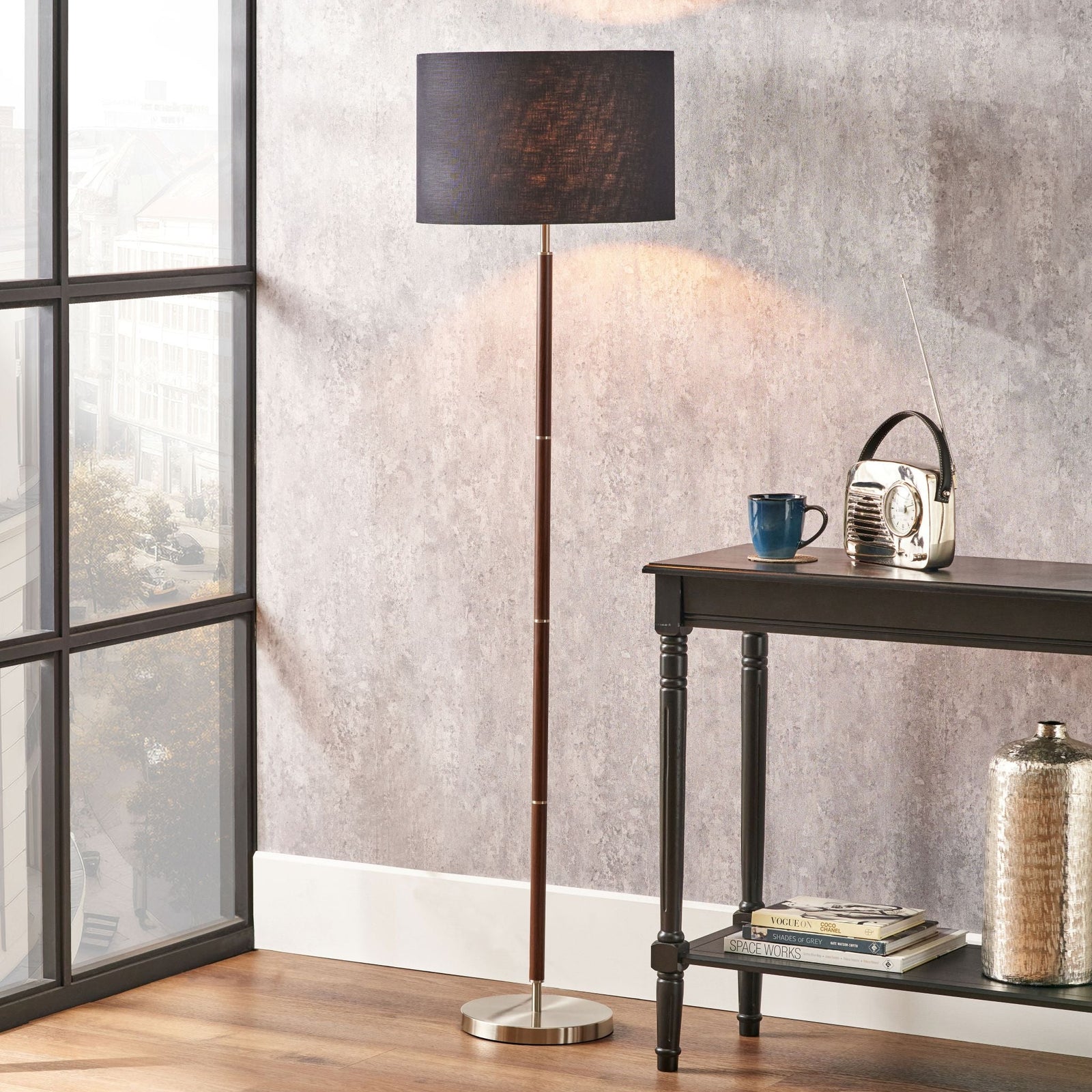 Gianni Brushed Silver and Wood Effect Floor Lamp - Gianni Brushed Silver and Wood Effect Floor Lamp
