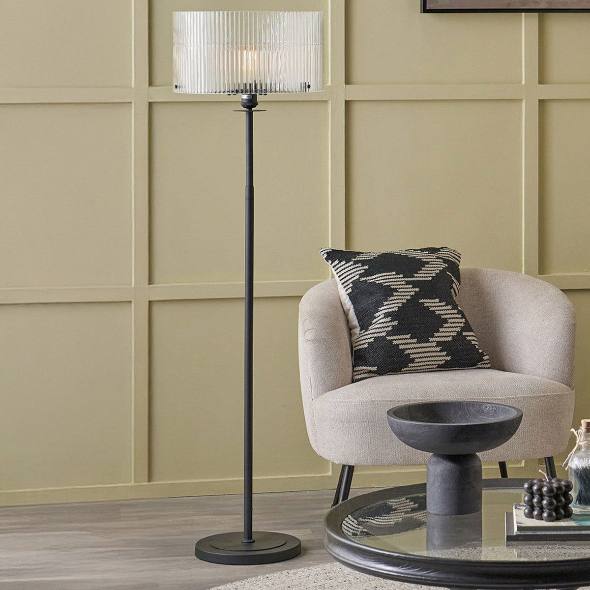 Clara Ribbed Glass Black Metal Round Floor Lamp - Clara Ribbed Glass Black Metal Round Floor Lamp