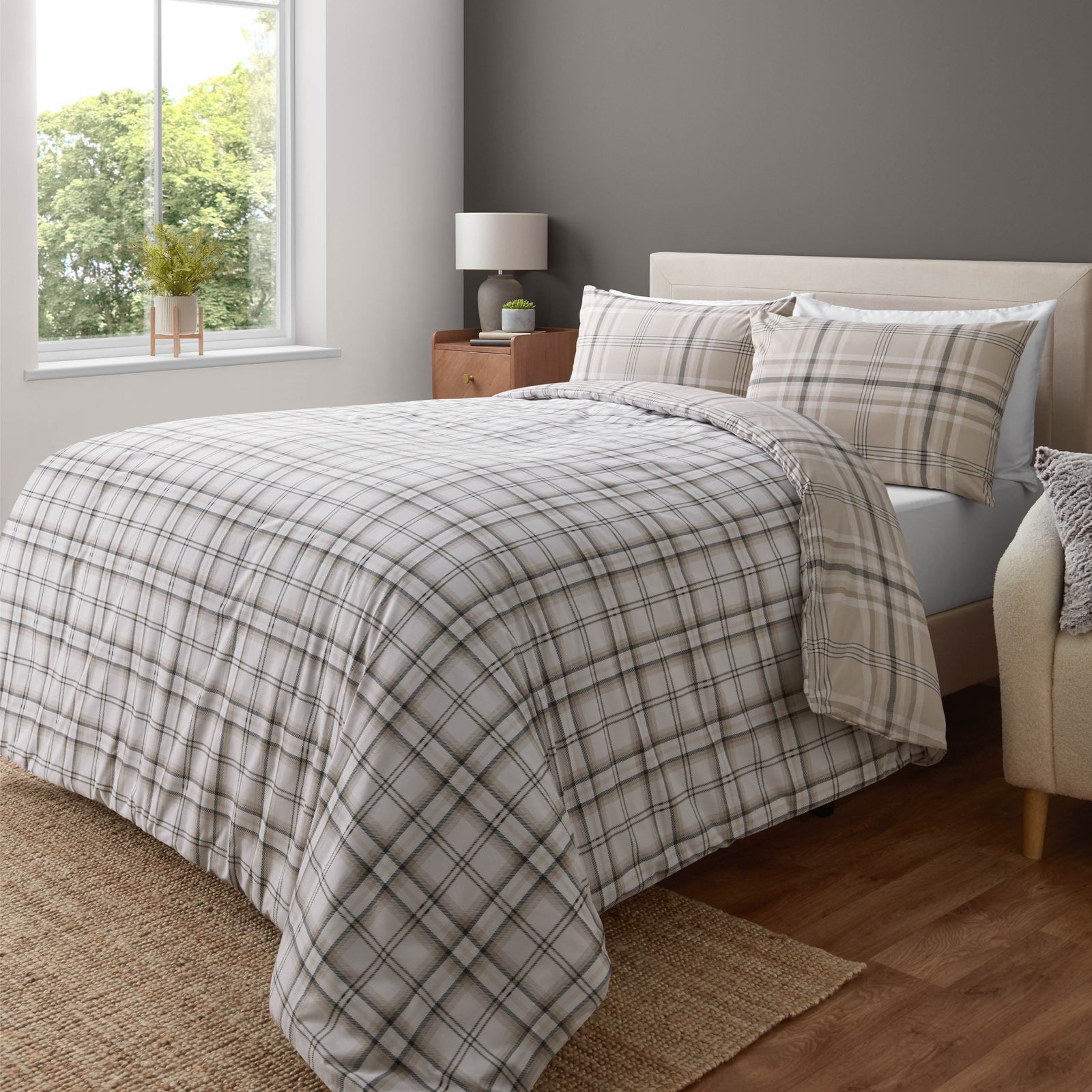 Catherine Lansfield Kelso Check Natural  Duvet Set - Kelso Check Natural Double Duvet Set