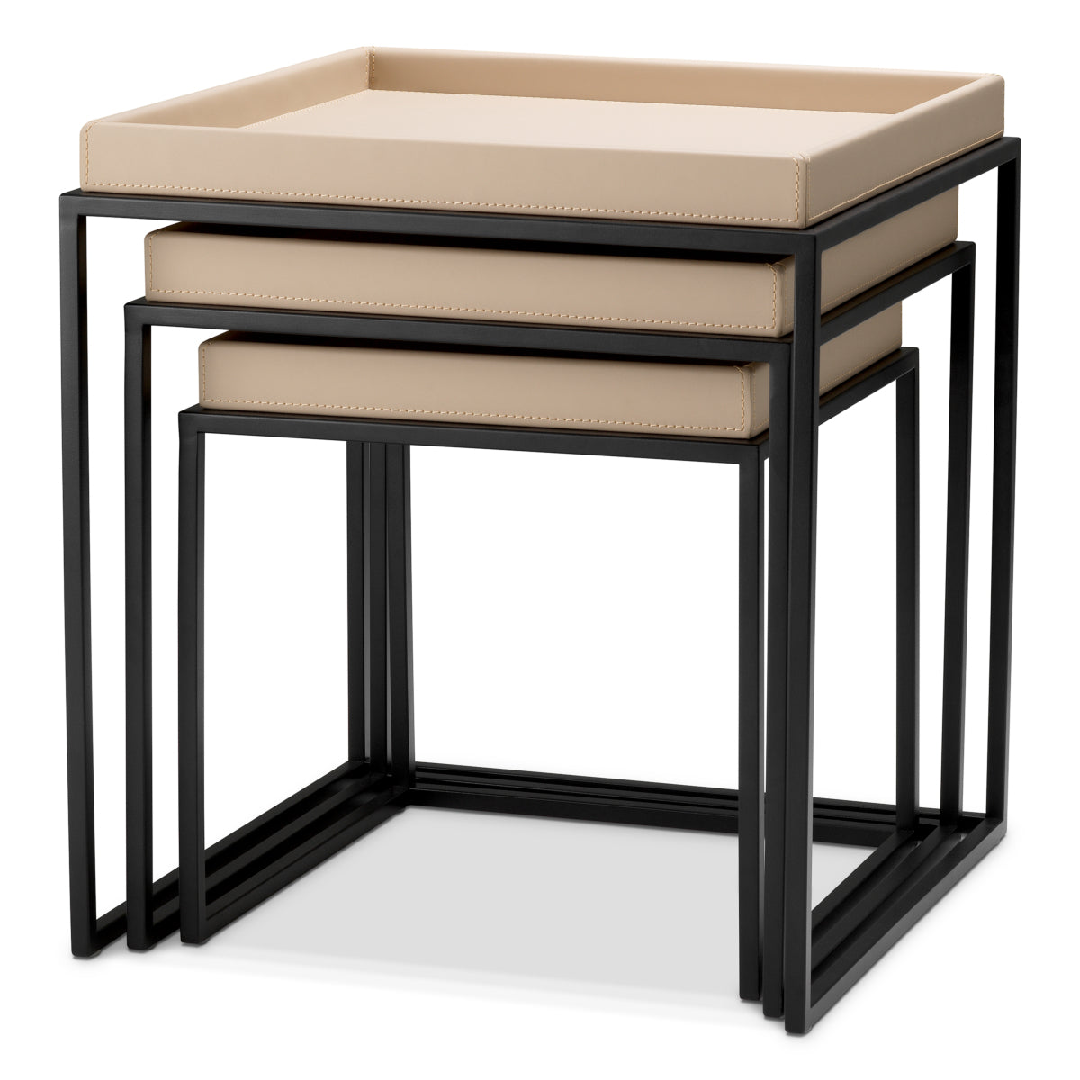 Eichholtz Leonard Set Of 3 Side Tables Matte Black Finish Light Brown Faux Leather - Side Tables Set of 3 Matte Black Finish Light Brown Faux Leather Side Tables Sterling Home 3