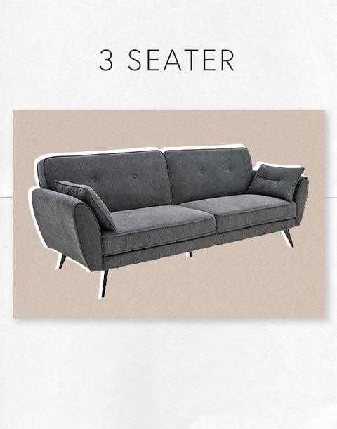Grey sofa bed labeled '3 Seater' on a beige background.