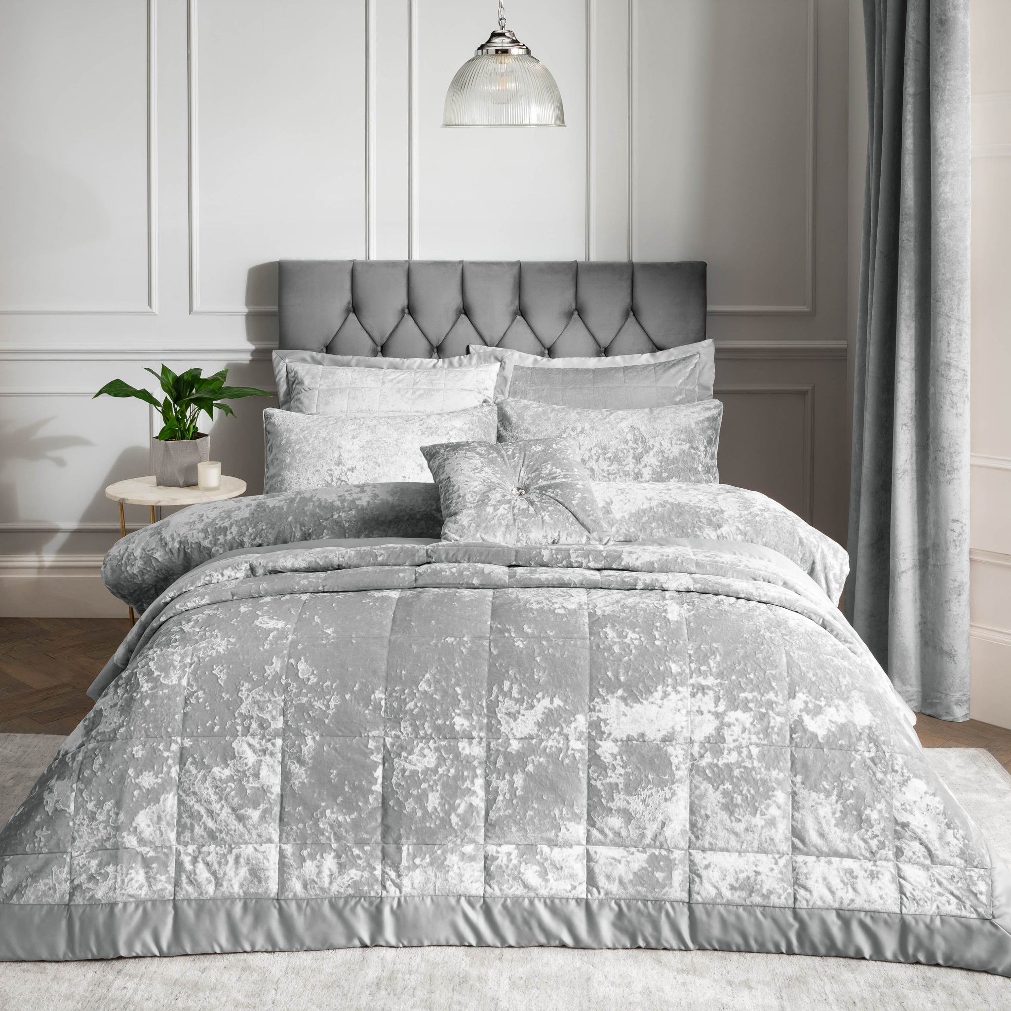 Catherine Lansfield Crushed Velvet Silver Duvet Cover Set - CL Crushed Velvet duvet set Silver double - Double Sterling Home 1