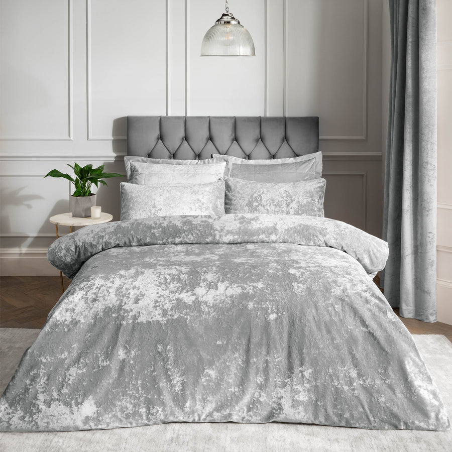 Catherine Lansfield Crushed Velvet Silver Duvet Cover Set King Sterling Home 1