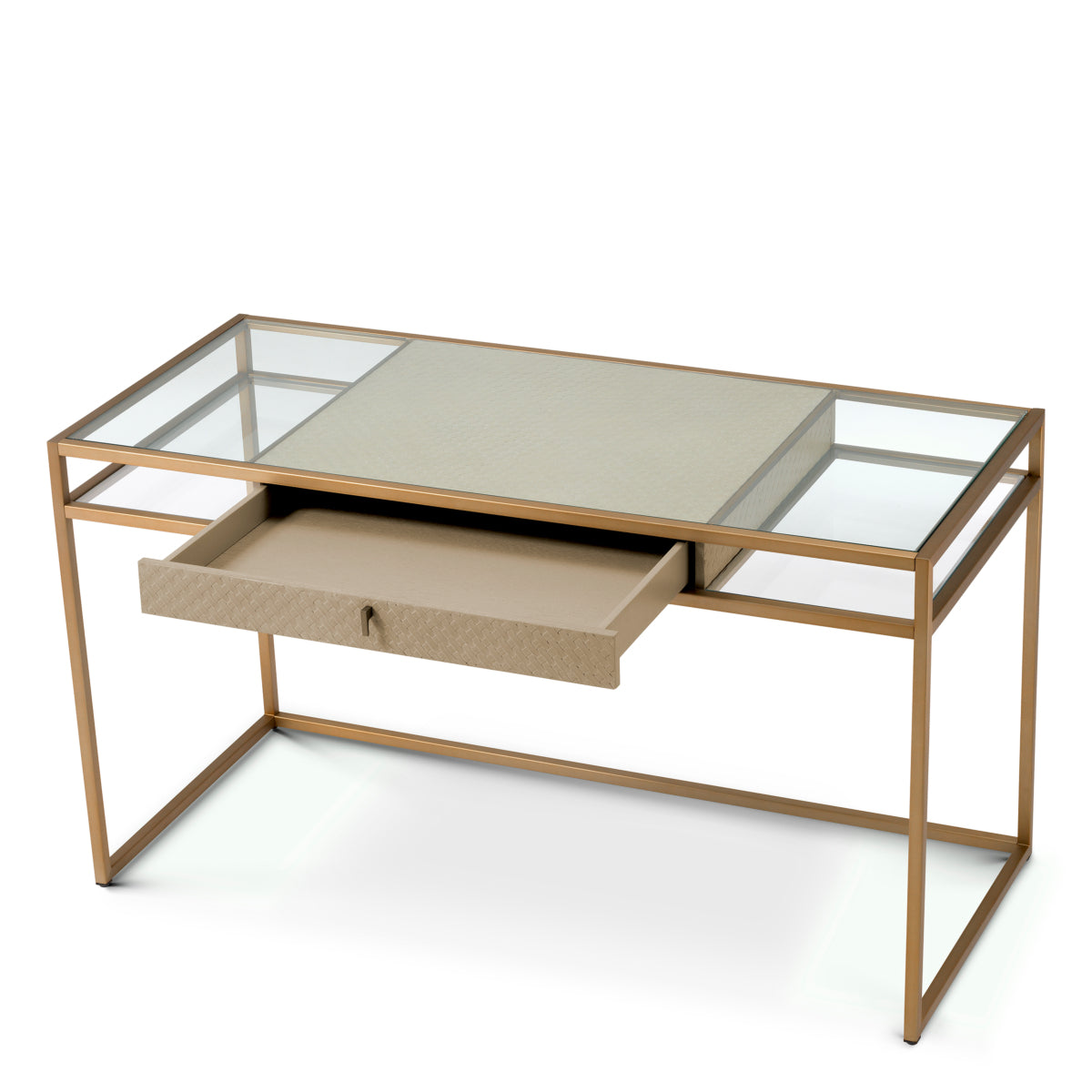 Eichholtz Napa Valley Desk Woven Washed Oak Veneer Brushed Brass Finish Clear Glass - Desk Woven Washed Oak Veneer Brushed Brass Finish Clear Glass Tables Sterling Home 4