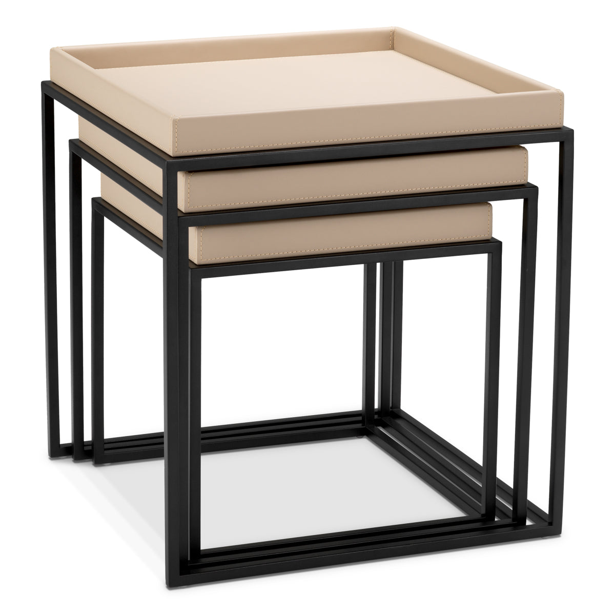 Eichholtz Leonard Set Of 3 Side Tables Matte Black Finish Light Brown Faux Leather - Side Tables Set of 3 Matte Black Finish Light Brown Faux Leather Side Tables Sterling Home 4