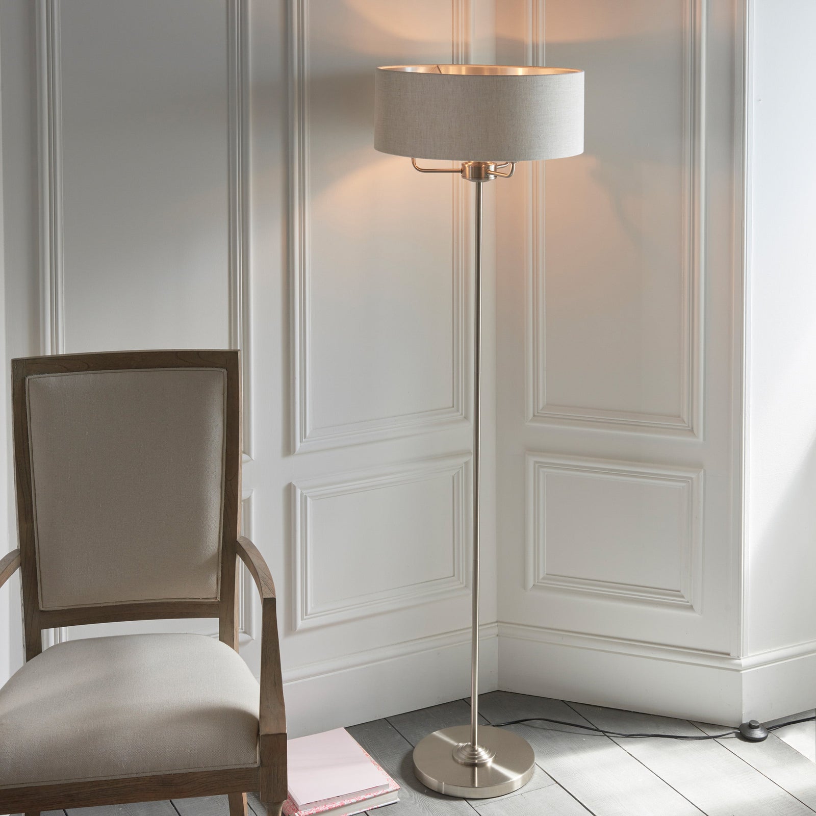 Highclere 3 Chrome And Cream Floor Light - DHD Highclere 3 Floor Light Chrome & Natural Sterling Home 1