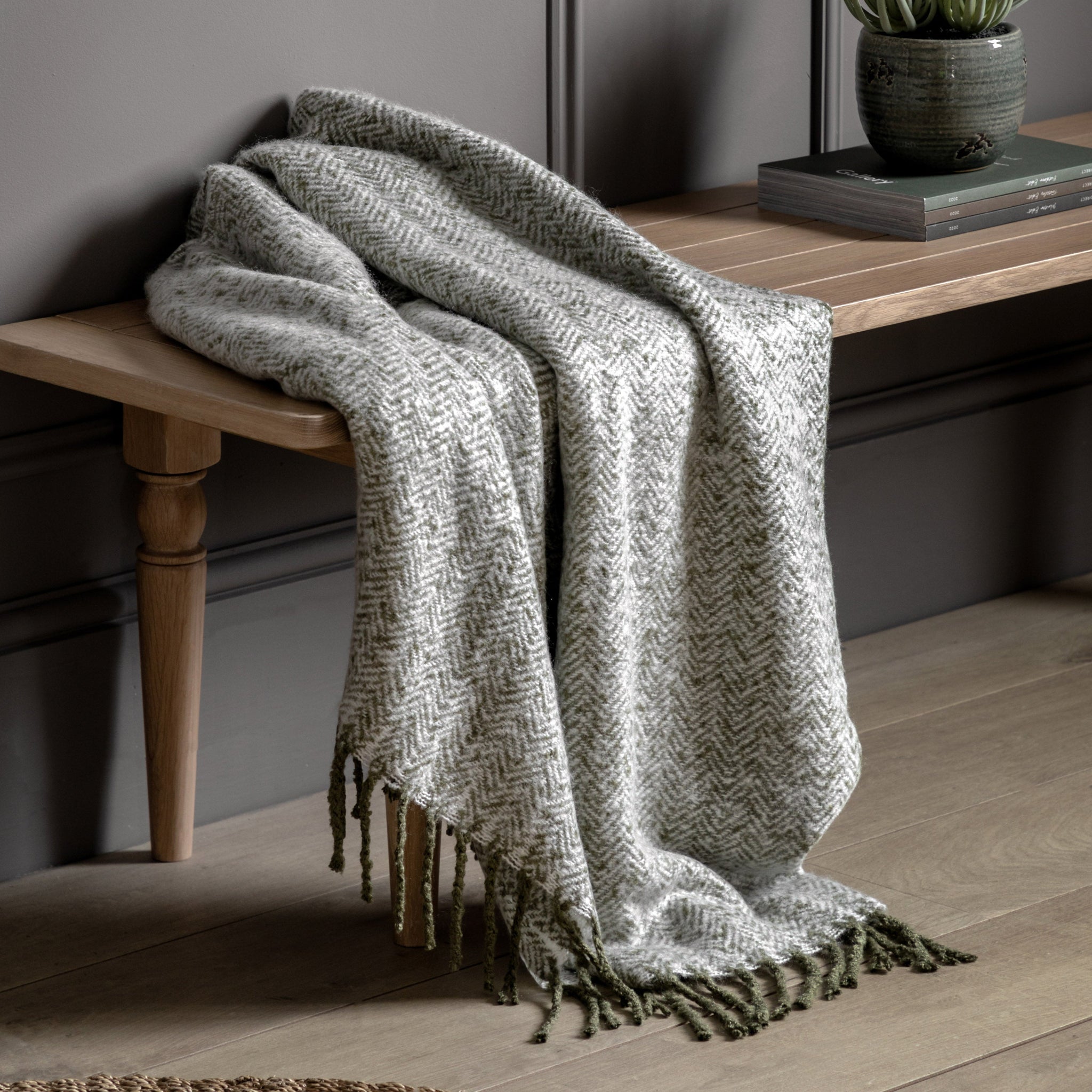 Herringbone Faux Mohair Green Throw - Herringbone Faux Mohair Throw Olive 130x180CM Sterling Home 3