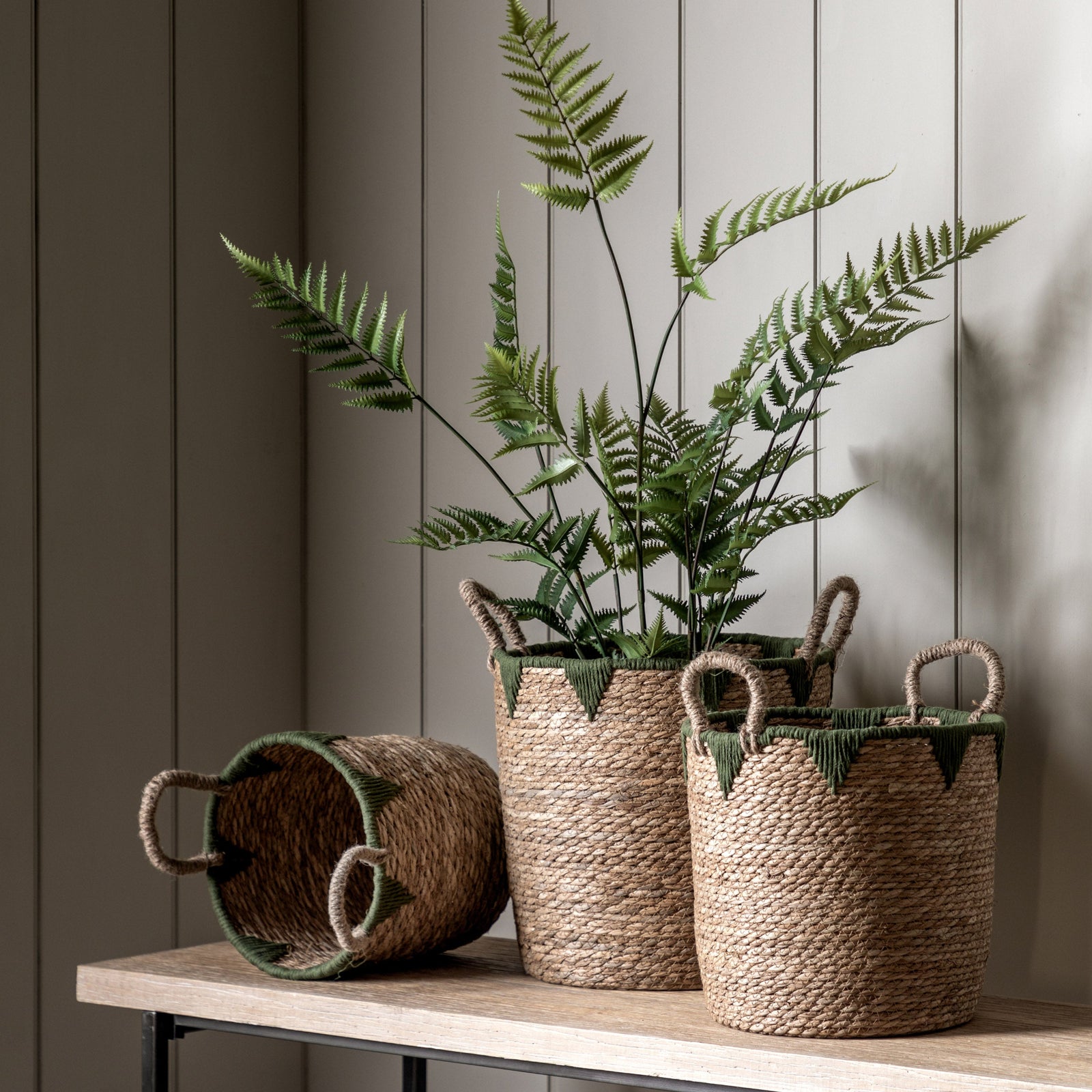 Elgon Set Of 3 Natural And Green Baskets - Elgon Baskets Natural & Green Set Of 3 Sterling Home 1