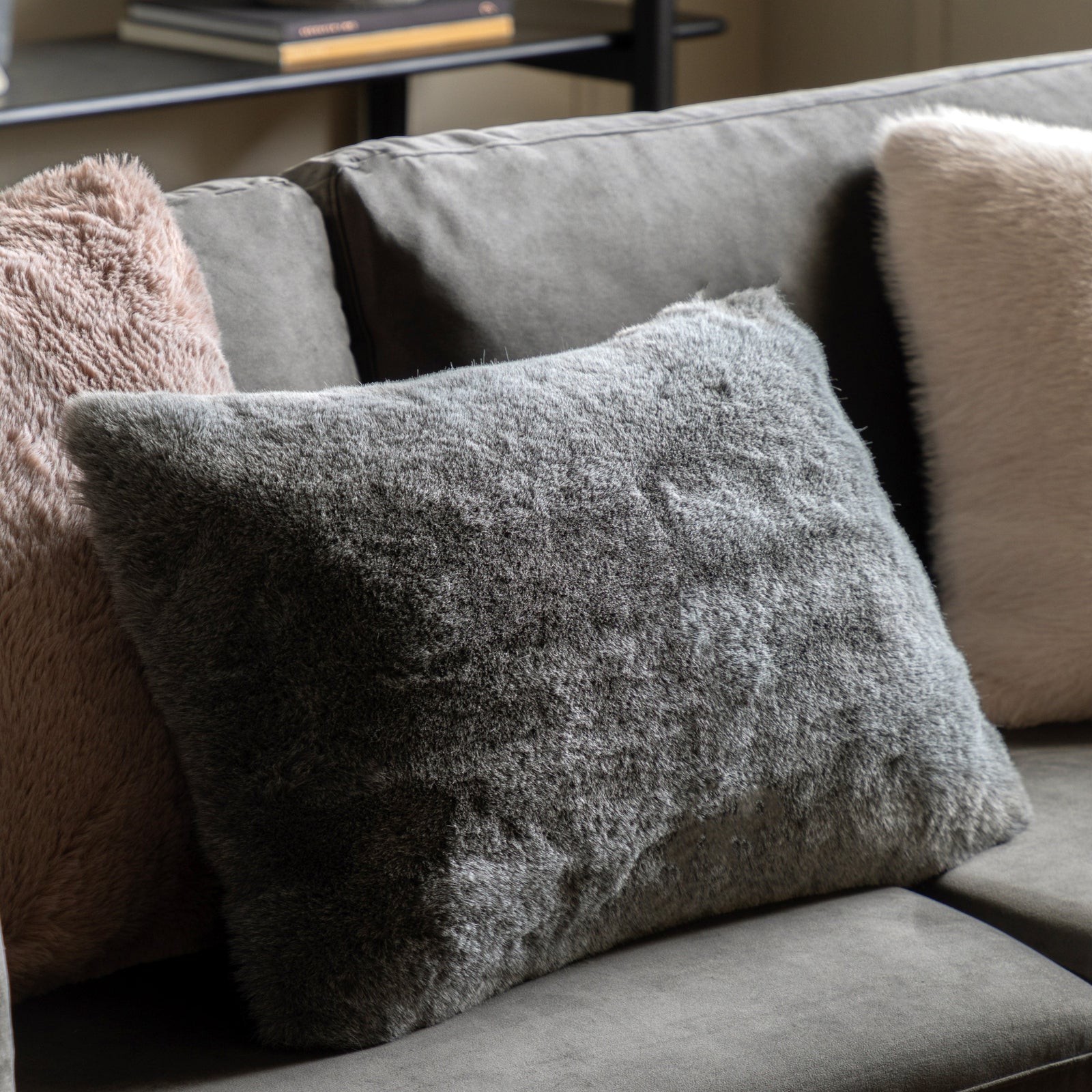 Roscose Faux Fur Grey Rectangle Cushion - Roscose Faux Fur Cushion Smoke Grey 40x60CM Sterling Home 1