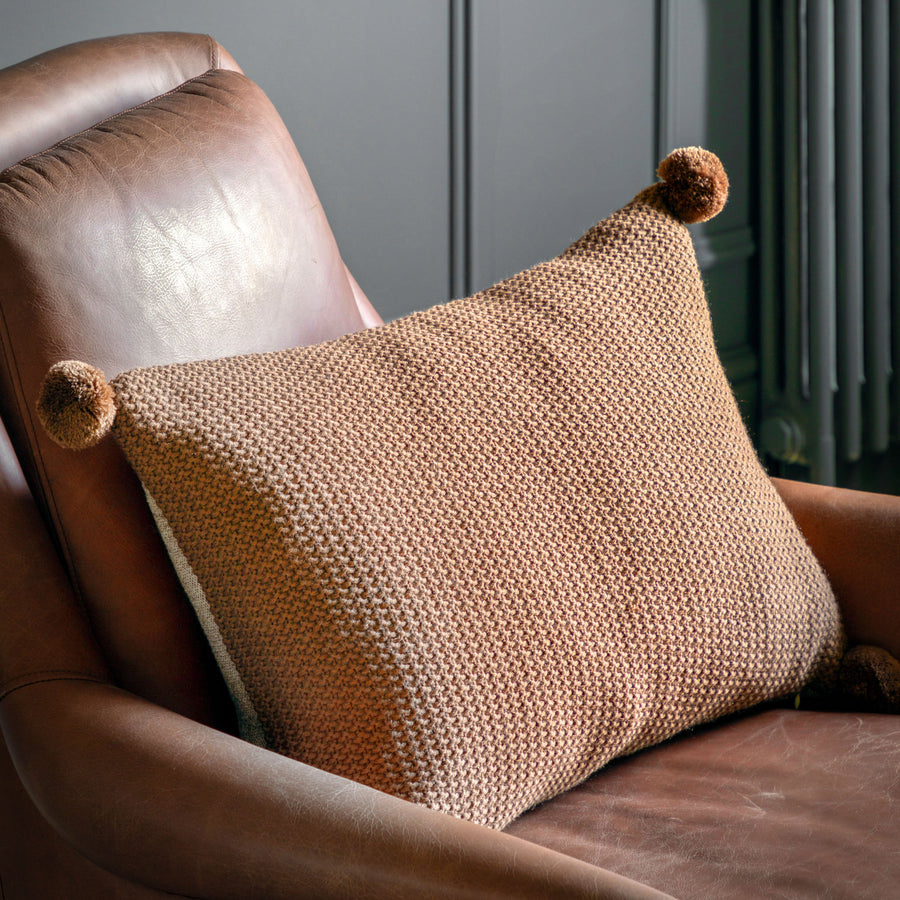 Moss Stitched Pom Pom Brown Cushion - Moss Stitch Pom Pom Cushion Tan 40x60CM Sterling Home 1