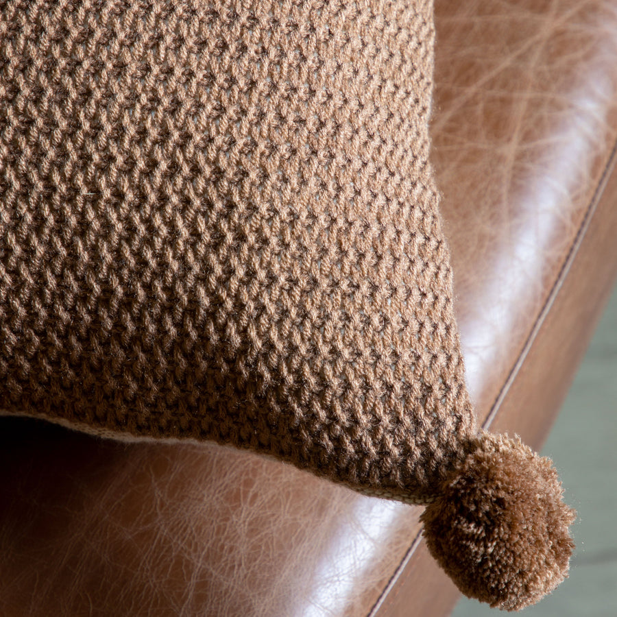 Moss Stitched Pom Pom Brown Cushion - Moss Stitch Pom Pom Cushion Tan 40x60CM Sterling Home 2