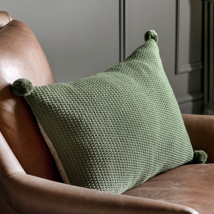 Moss Stitched Pom Pom Green Cushion - Moss Stitch PomPom Cushion Olive 40x60CM Sterling Home 1