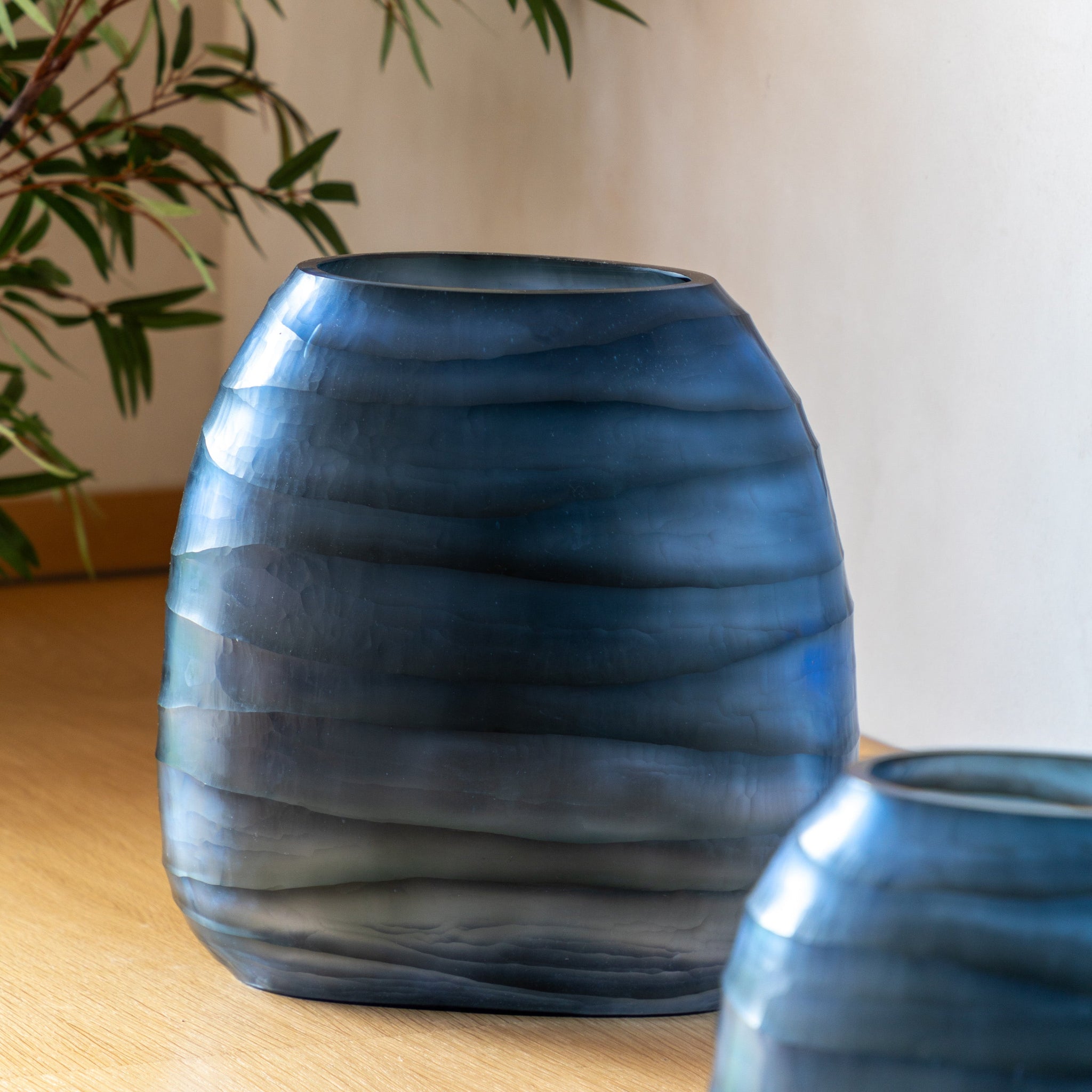 Sintra Handblown Glass Vase Blue Large - Sintra Handblown Carved Glass Vase Ink Large Sterling Home 1