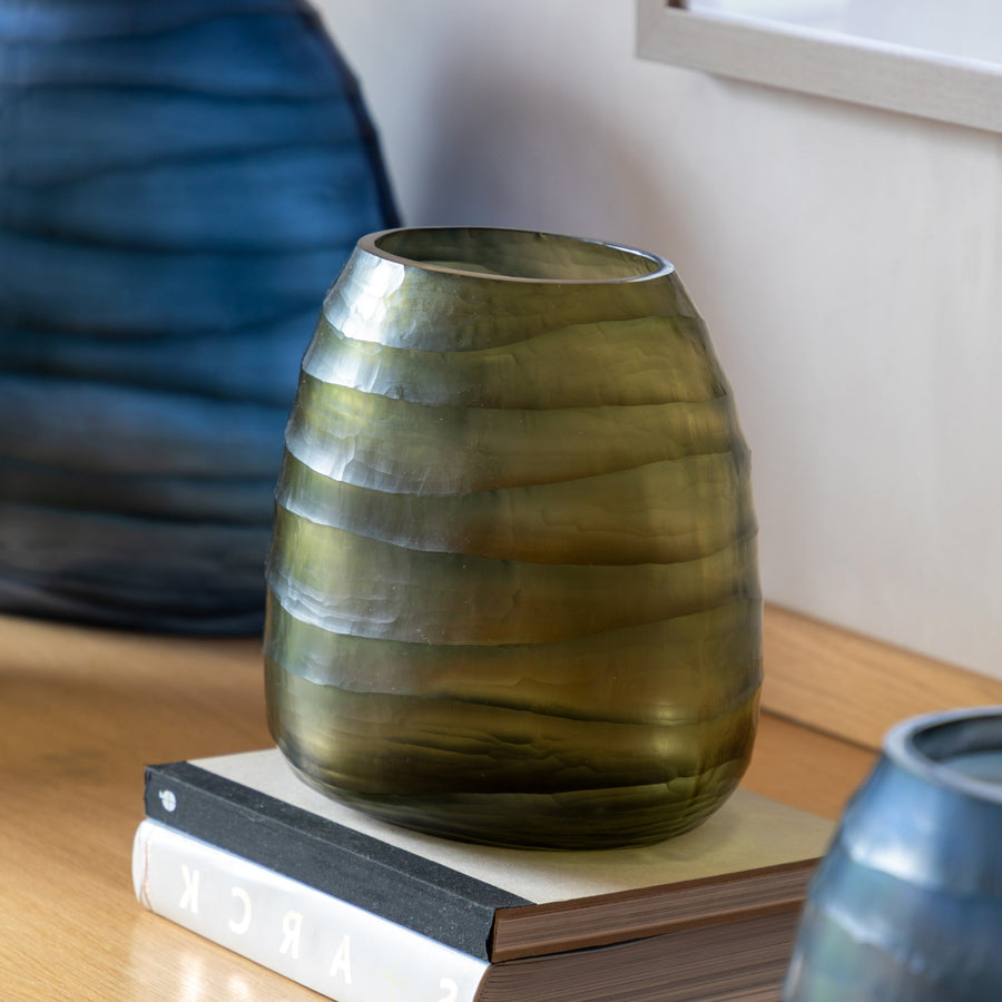 Sintra Handblown Glass Vase Green Small - Sintra Handblown Carved Glass Vase Olive Small Sterling Home 1