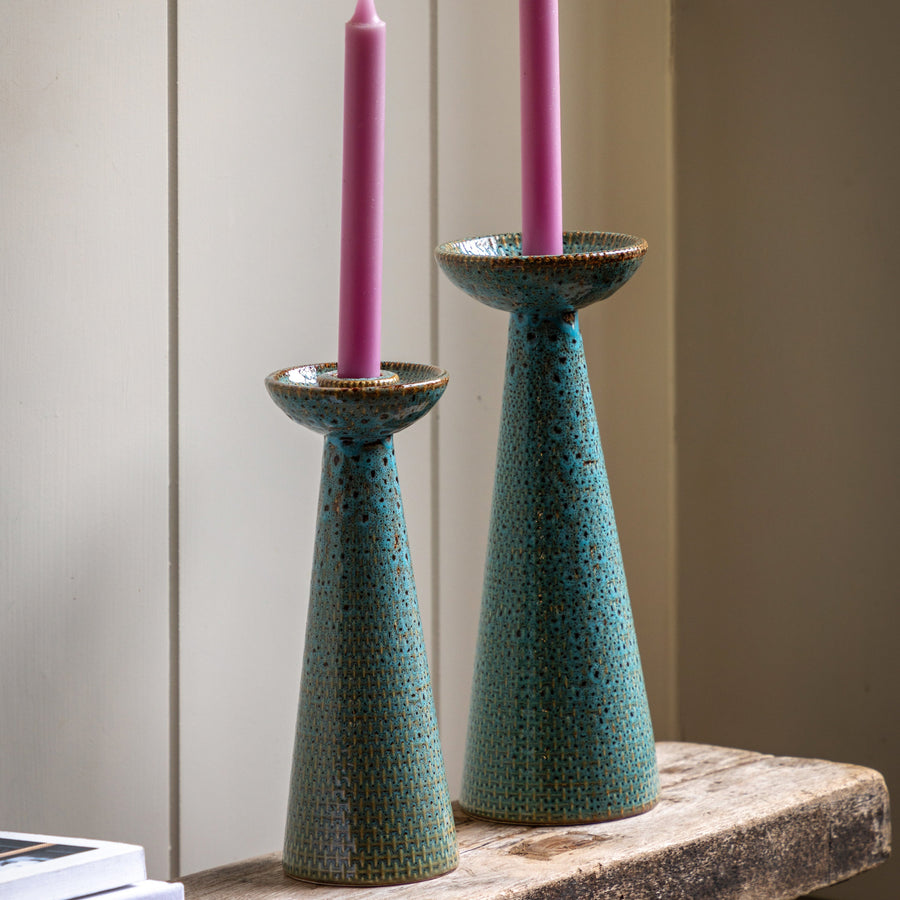 Porto Set Of 2 Blue Candle Sticks - DHD Porto Ceramic Candle Stick Teal Glaze 2Pk Sterling Home 1