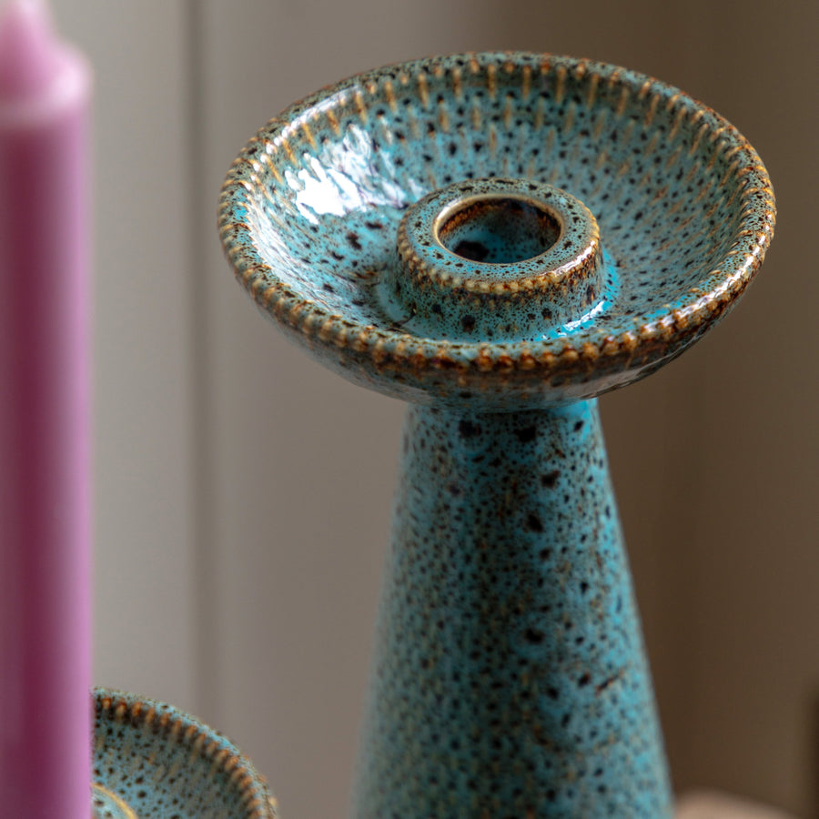 Porto Set Of 2 Blue Candle Sticks - DHD Porto Ceramic Candle Stick Teal Glaze 2Pk Sterling Home 2