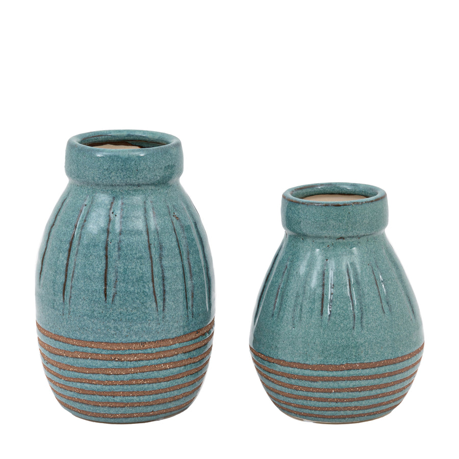 Southwold Ribbed Blue Vase Set Of 2 - DHD Southwold Ribbed Ceramic Vase Teal 2Pk Sterling Home 1