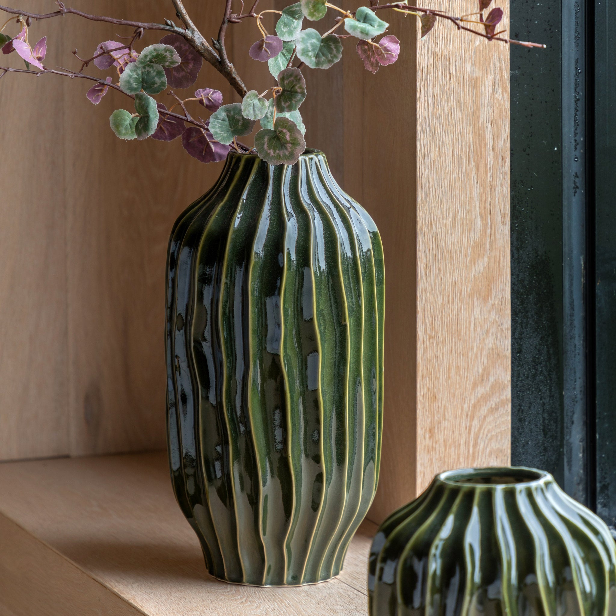 Organic Ribbed Vase Green Large - Organic Ribbed Vase Olive Large Sterling Home 1