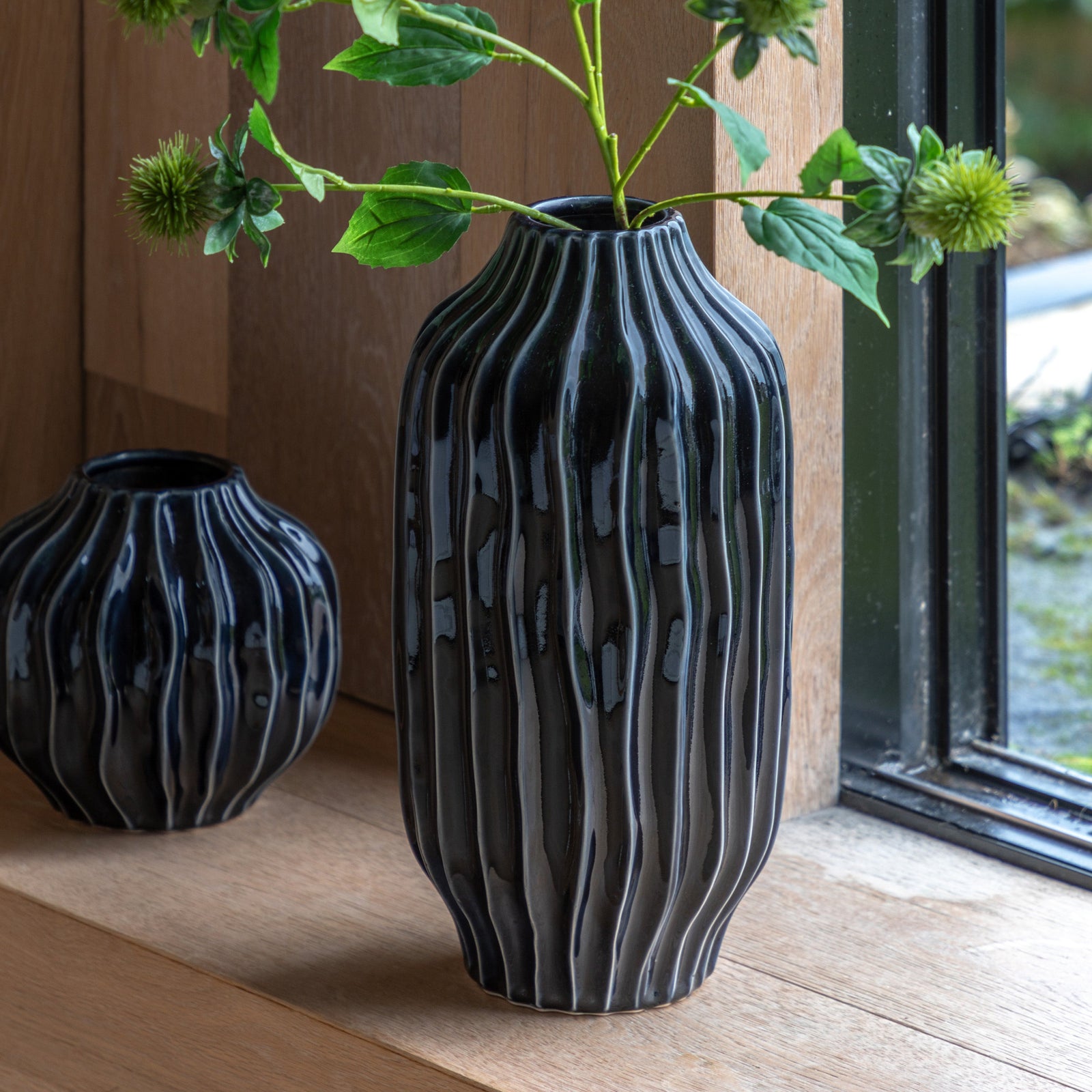 Organic Ribbed Vase Black Large - Organic Ribbed Vase Midnight Large Sterling Home 1
