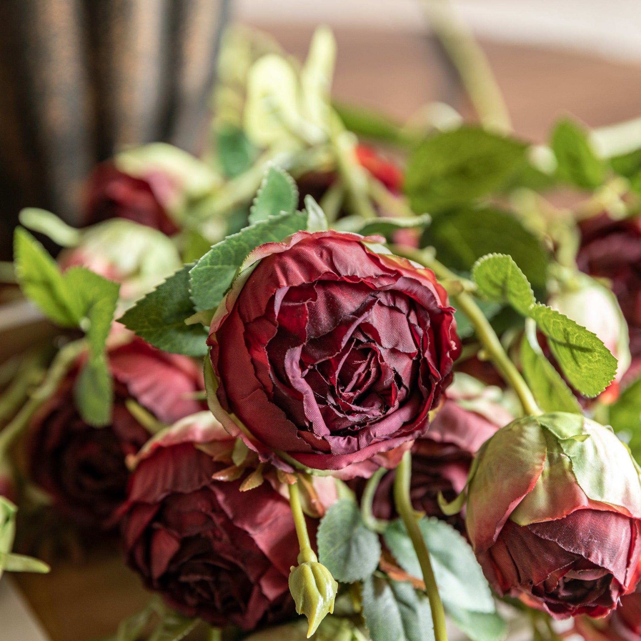 Vinatage Rose Set Of 6 Artificial Flowers - DHD Faux Stem Vintage Rose Claret 54CM 6Pk Sterling Home 3