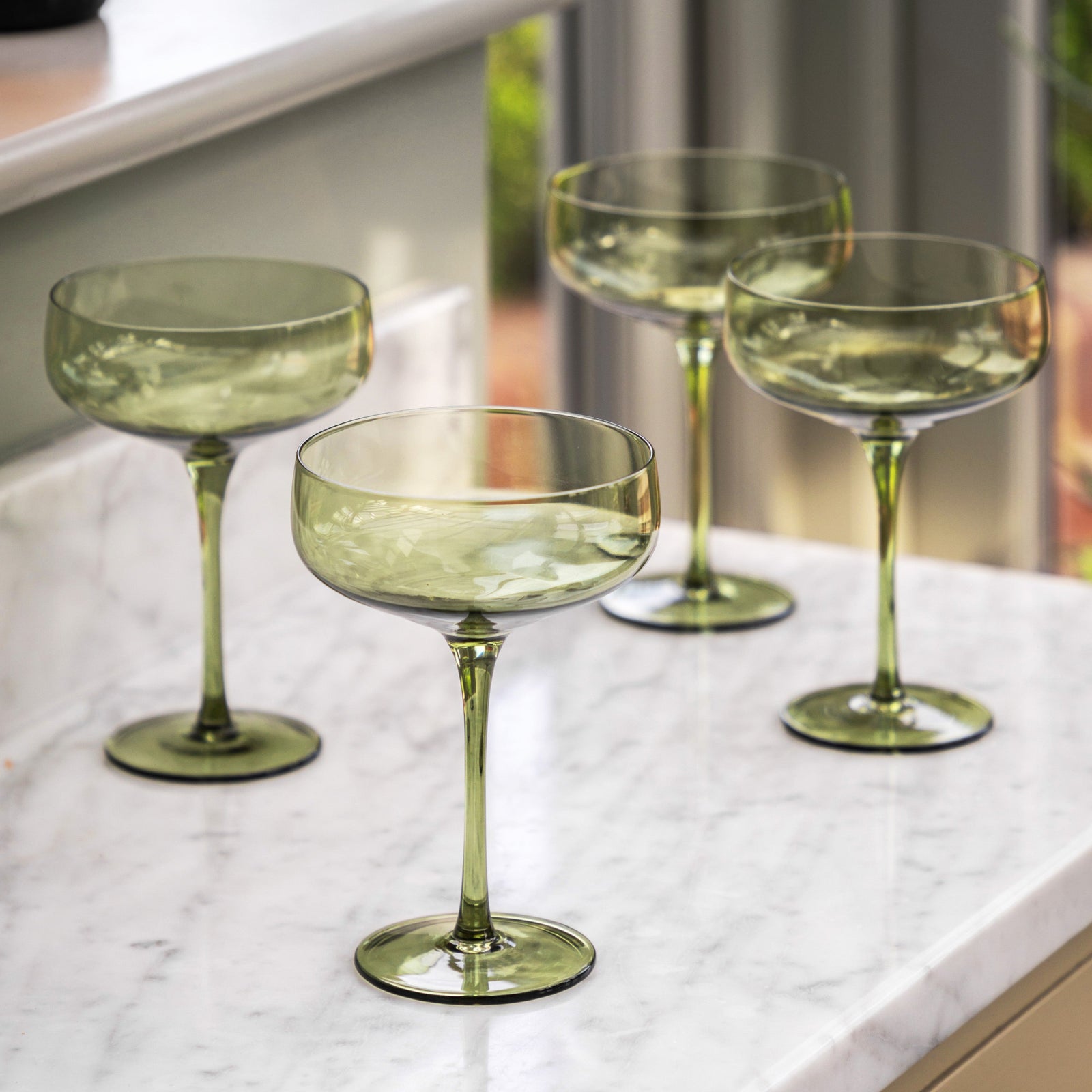 Set Of 4 Green Couple Glasses - DHD Coupe Glass Smokey Green 4Pk Sterling Home 1