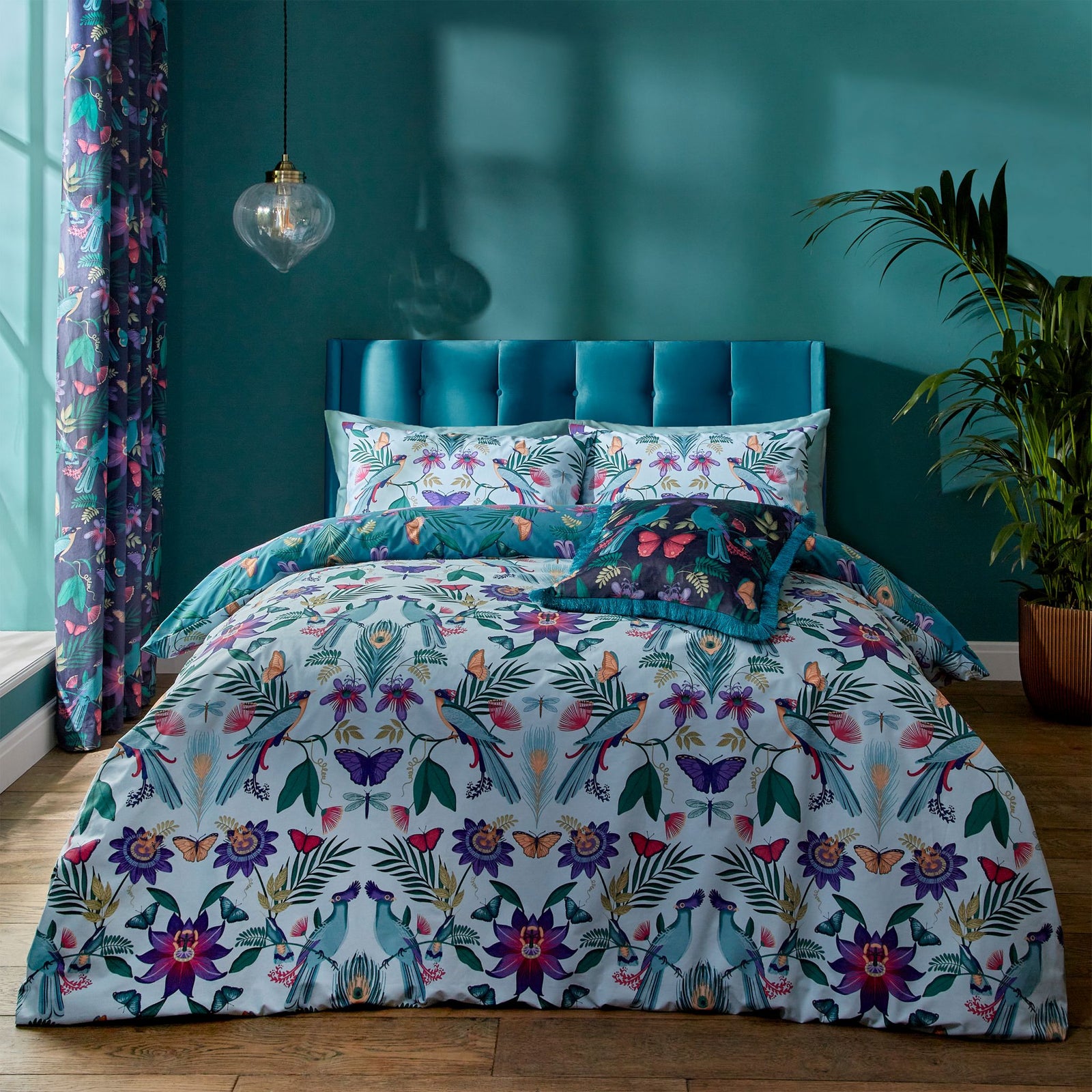 Catherine Lansfield Mya Tropical Birds Duvet Set - Mya Tropical Birds King Duvet Set Duck Egg Sterling Home 1