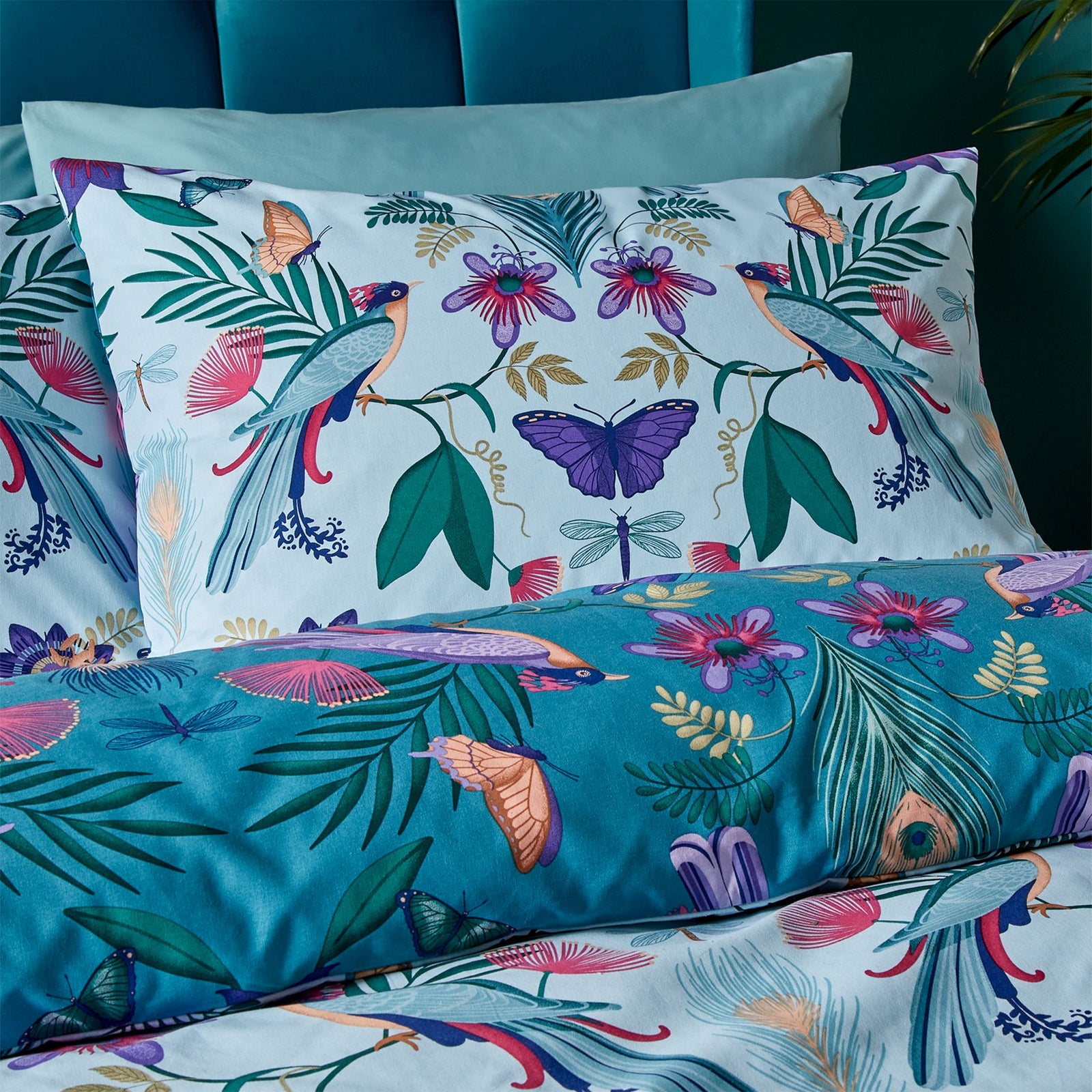 Catherine Lansfield Mya Tropical Birds Duvet Set - Mya Tropical Birds King Duvet Set Duck Egg Sterling Home 3