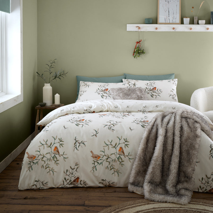 Catherine Lansfield Brushed Mistletoe Robins Duvet Set Single - Brushed Mistletoe Robins Duvet Set Single Sterling Home 1