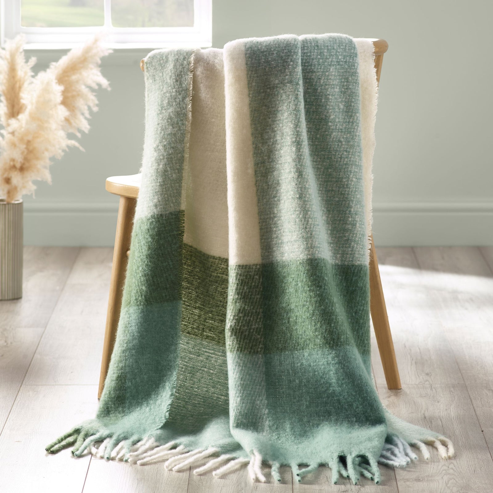 Catherine Lansfield Faux Mohair Green Check Throw - DISC Faux Mohair Green Check Throw 130X170CM Sterling Home 1