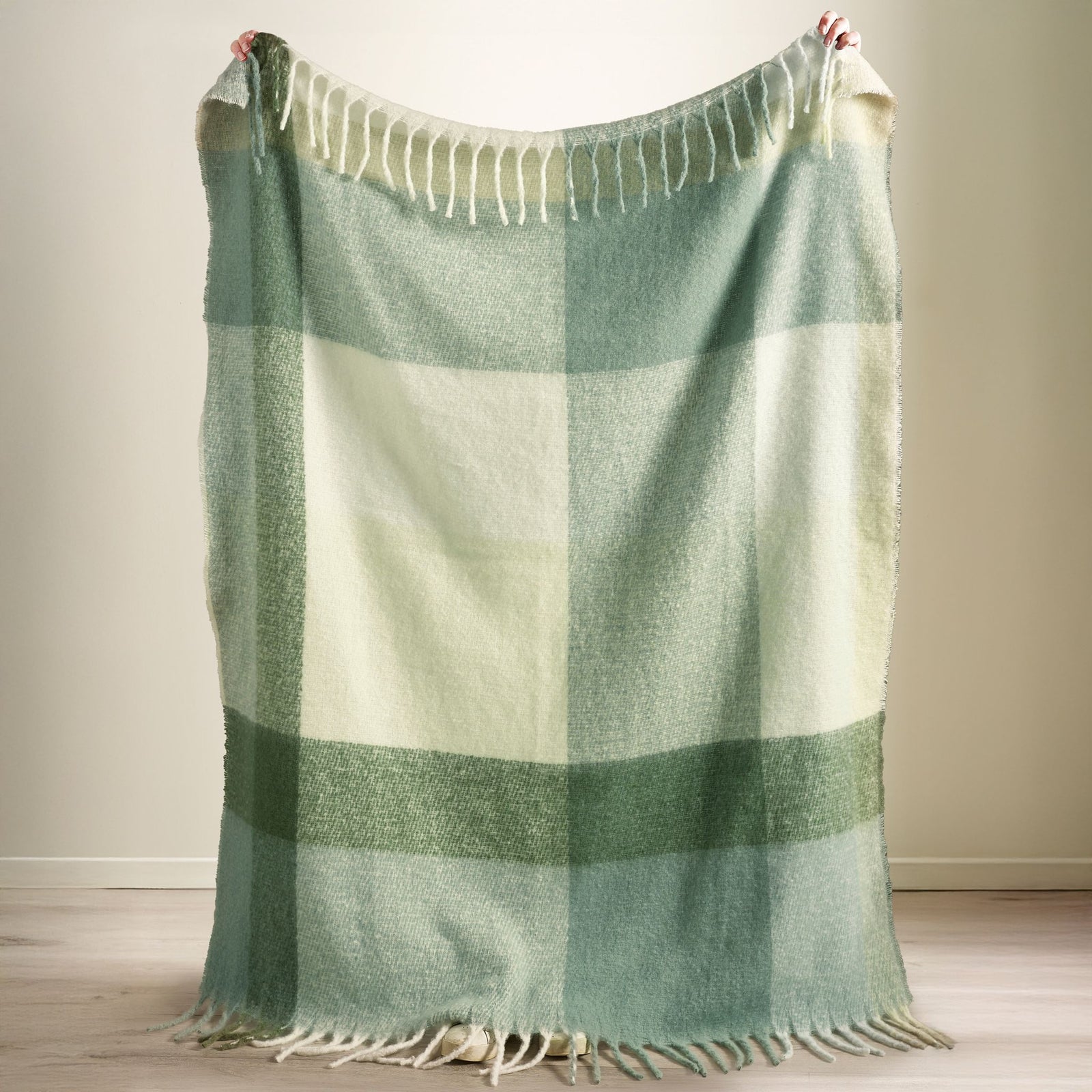 Catherine Lansfield Faux Mohair Green Check Throw - DISC Faux Mohair Green Check Throw 130X170CM Sterling Home 2