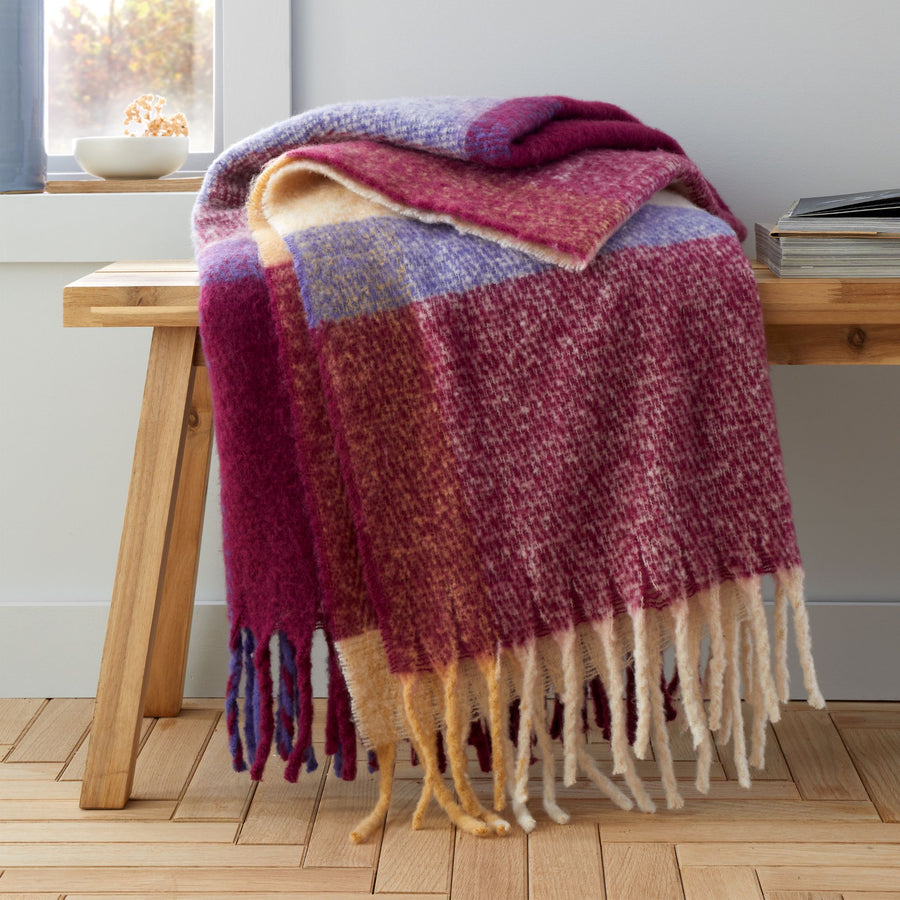 Catherine Lansfield Faux Mohair Purple Check Throw - DISC Faux Mohair Check Throw Plum 130x170CM Sterling Home 1