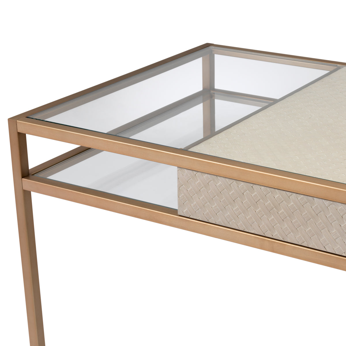 Eichholtz Napa Valley Desk Woven Washed Oak Veneer Brushed Brass Finish Clear Glass - Desk Woven Washed Oak Veneer Brushed Brass Finish Clear Glass Tables Sterling Home 5