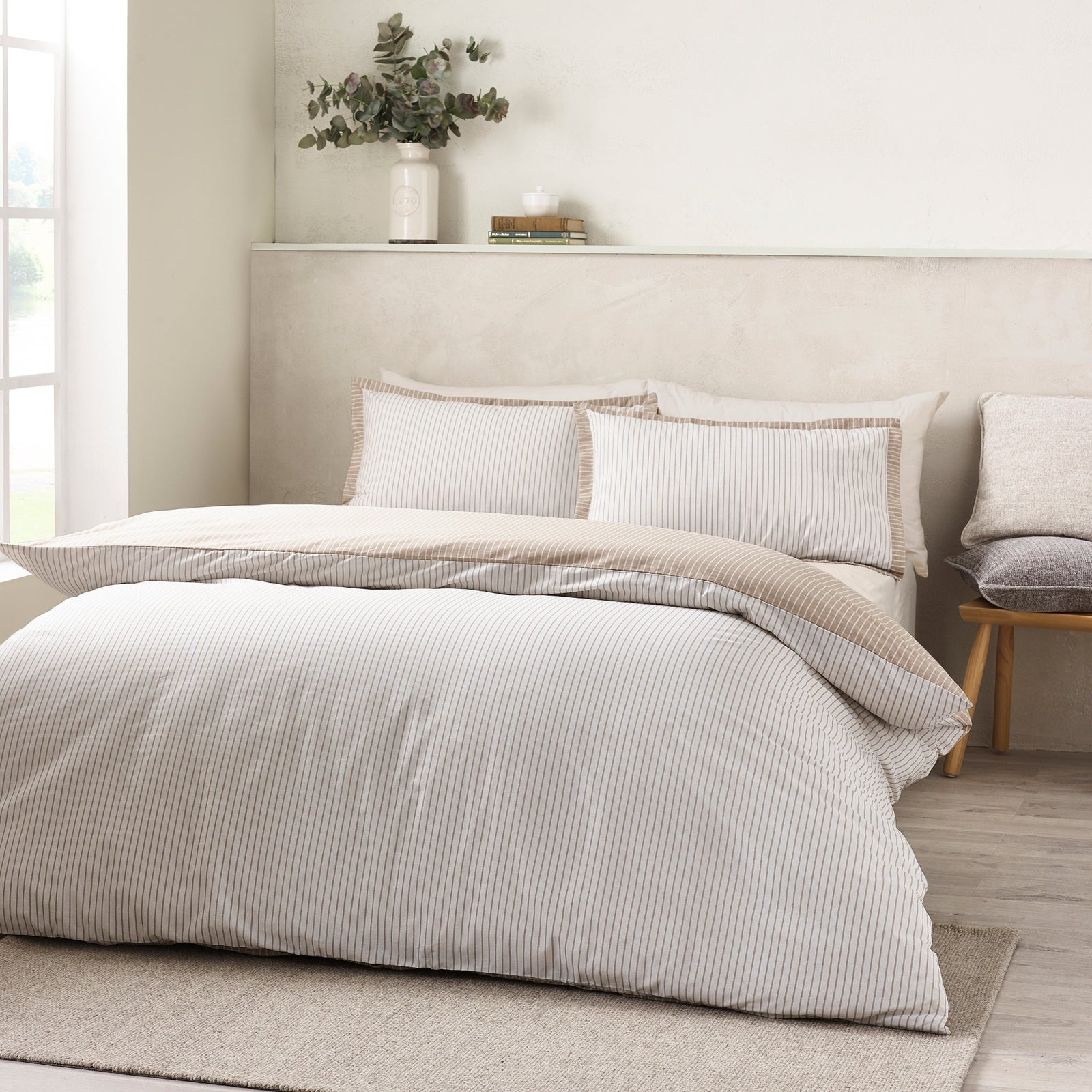 Catherine Lansfield Oxford Pinstripe Natural Duvet Set - Oxford Pinstripe Natural Duvet Set Double Sterling Home 3