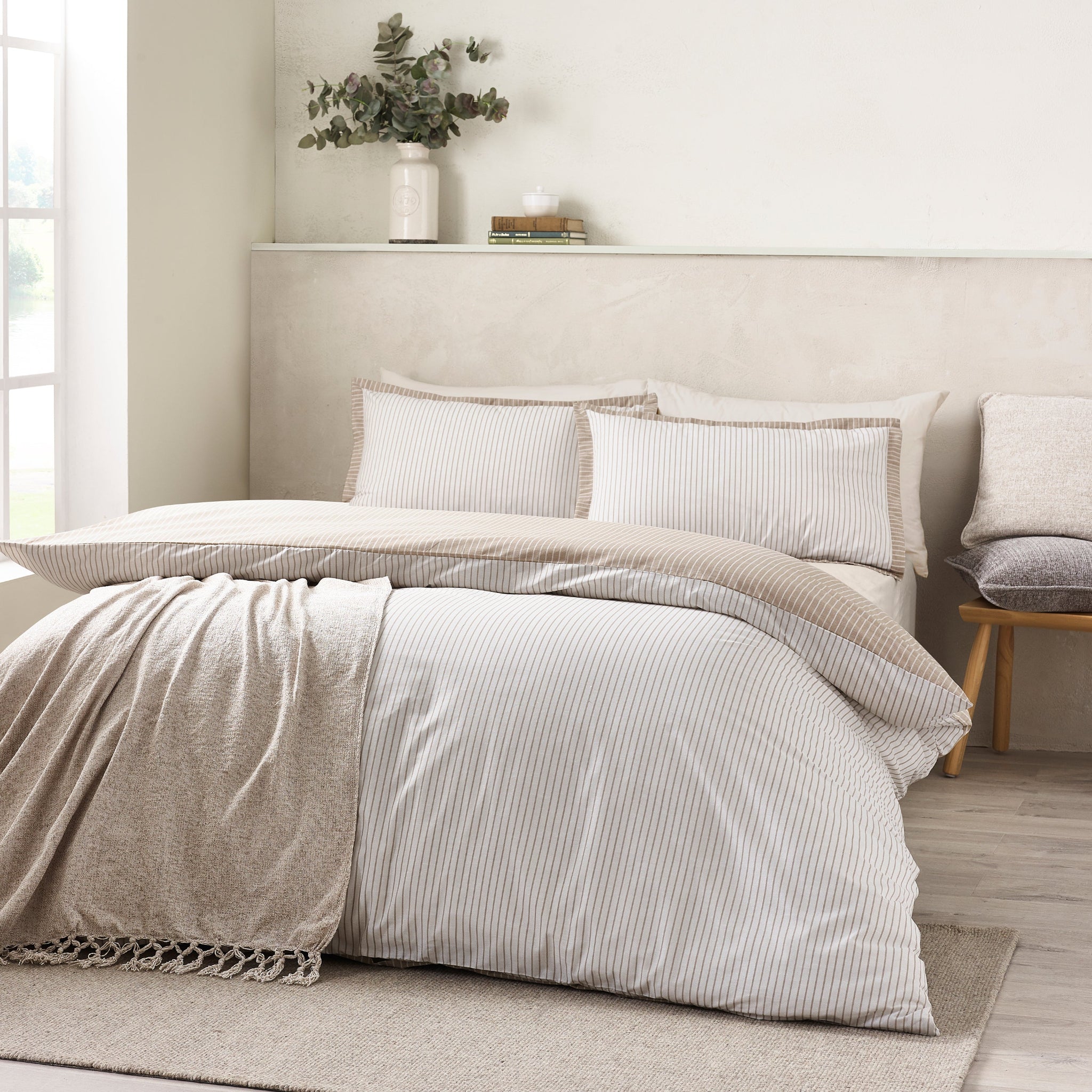 Catherline Lansfield Oxford Pinestripe Natural Duvet Set Super King - Oxford Pinestripe Natural Duvet Set Super King Sterling Home 1