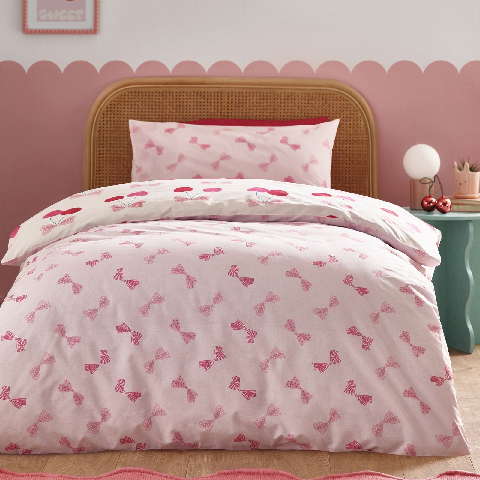 Catherine Lansfield Cherries And Bows Duvet Set Pink - Cherries And Bows Single Duvet Set Pink Sterling Home 2