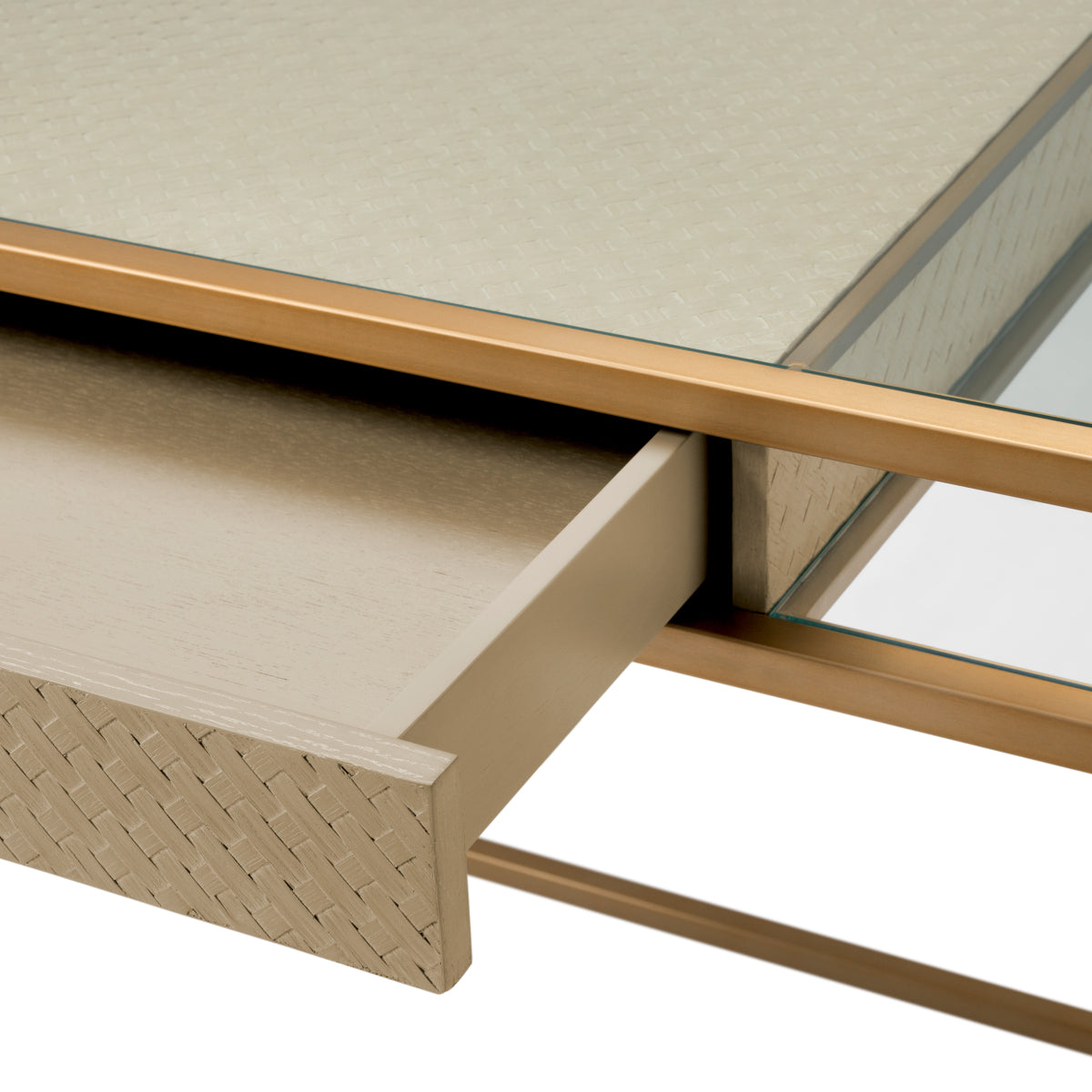 Eichholtz Napa Valley Desk Woven Washed Oak Veneer Brushed Brass Finish Clear Glass - Desk Woven Washed Oak Veneer Brushed Brass Finish Clear Glass Tables Sterling Home 6